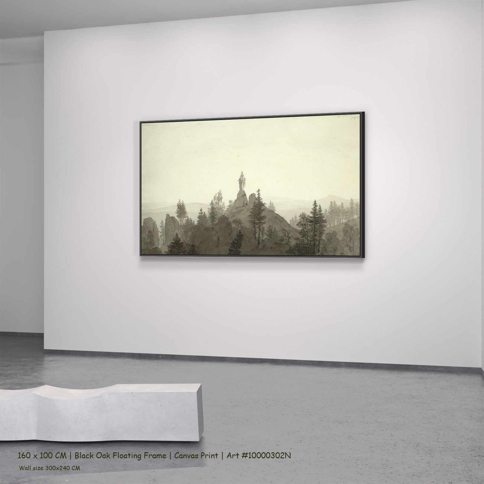 Statue of the Madonna in the by Caspar David Friedrich in a black oak floating frame, large brown and white Landscape canvas