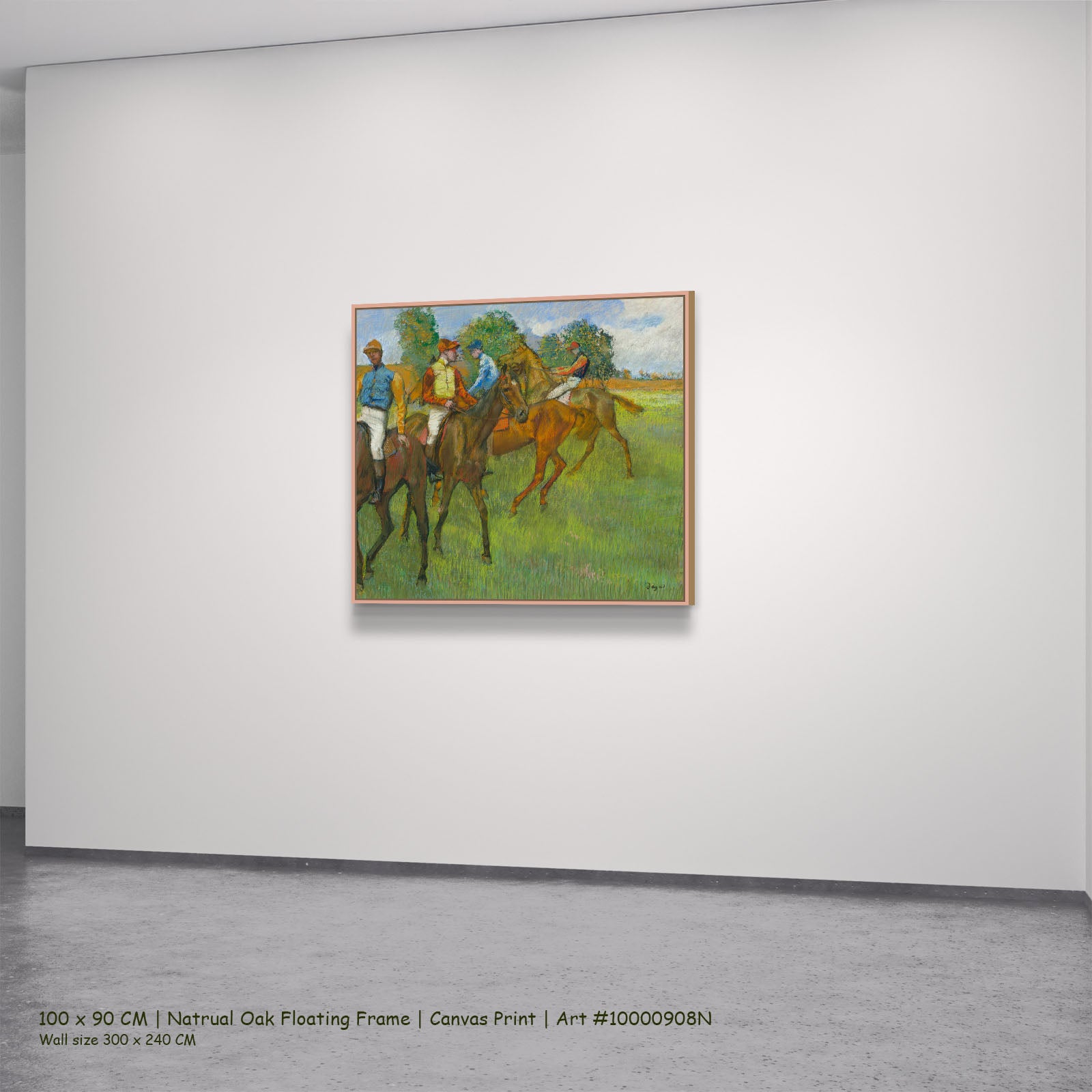 Before the Race by Edgar Degas in a natural oak floating frame, large green and brown Impressionist canvas