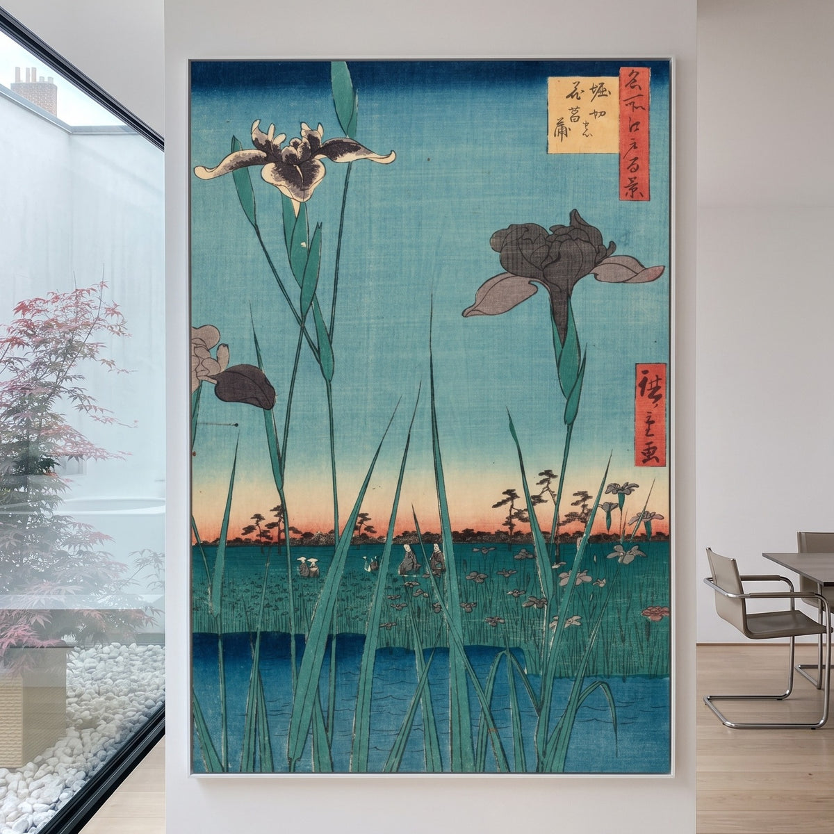 Horikiri Iris Garden by Utagawa Hiroshige I — large aqua and light blue Japanese canvas art on a hallway wall