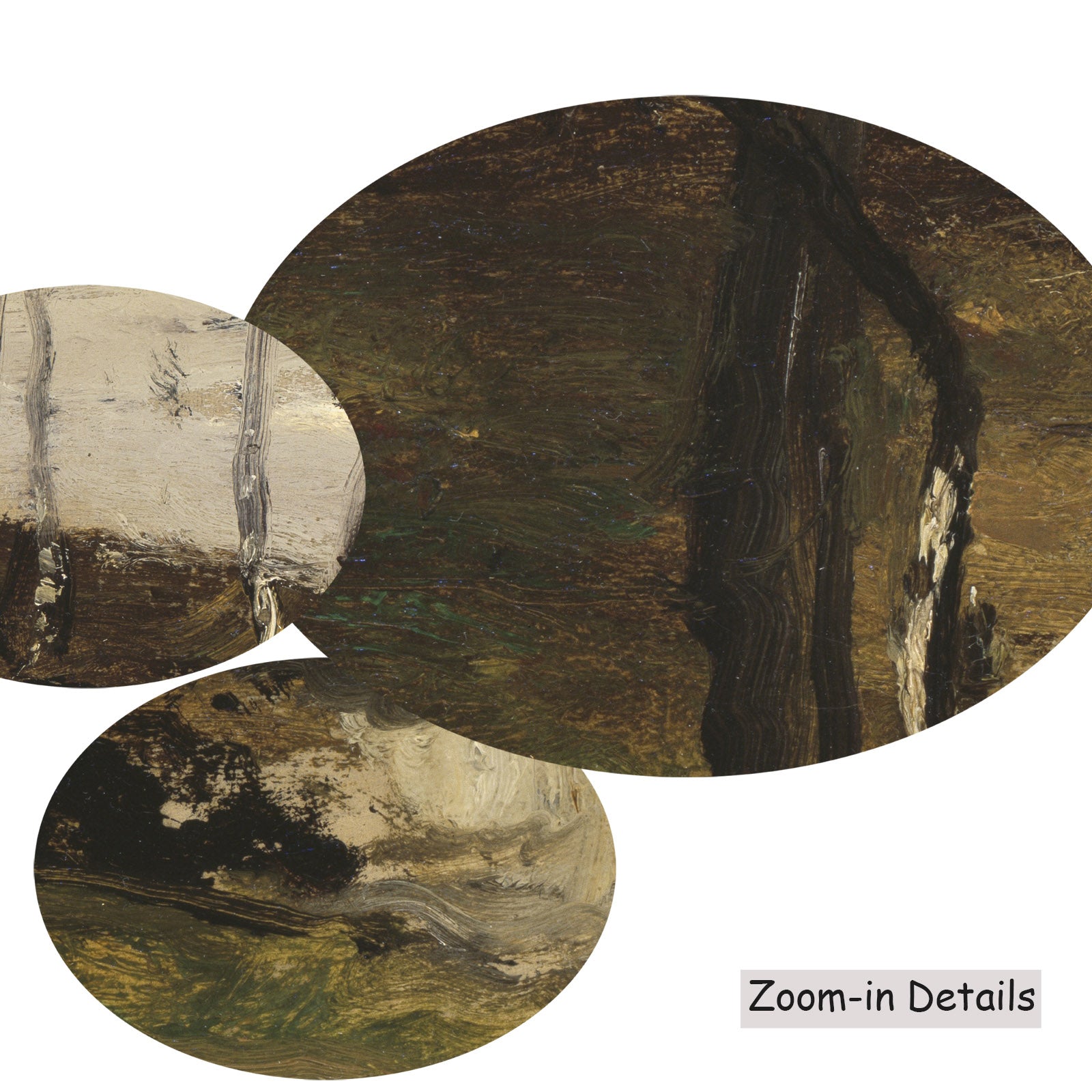 Close-up detail of the brushwork on Hillside with Trees, a large brown and olive Landscape canvas by William Morris Hunt