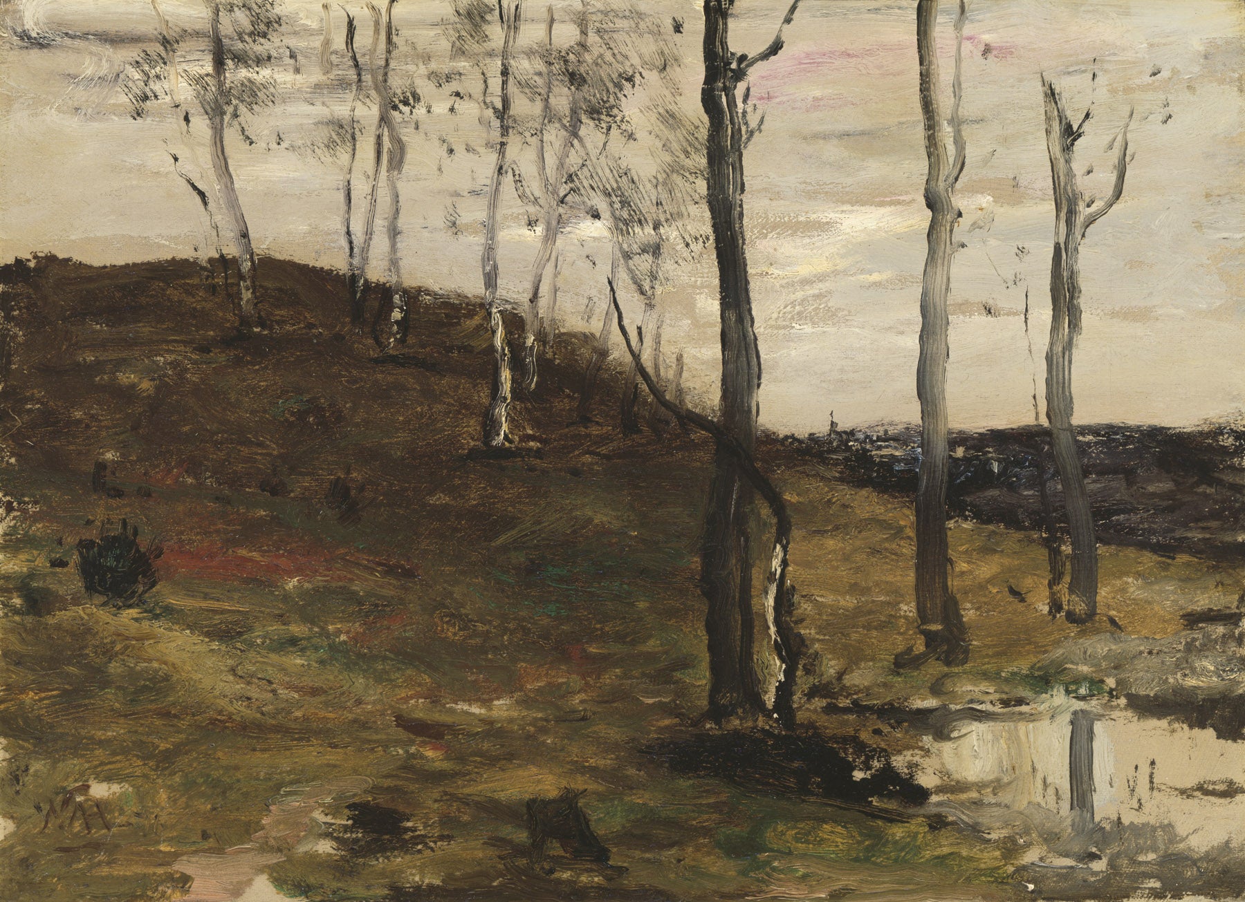 Large brown and olive Landscape canvas print of Hillside with Trees by William Morris Hunt