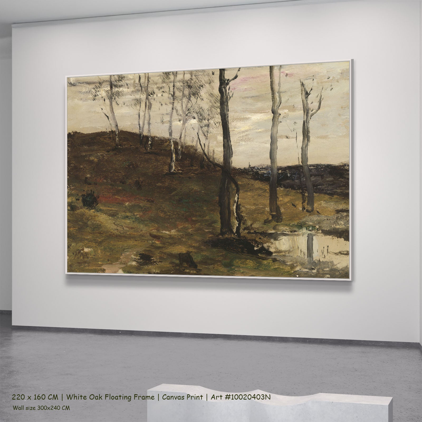 Hillside with Trees by William Morris Hunt in a white oak floating frame, large brown and olive Landscape canvas