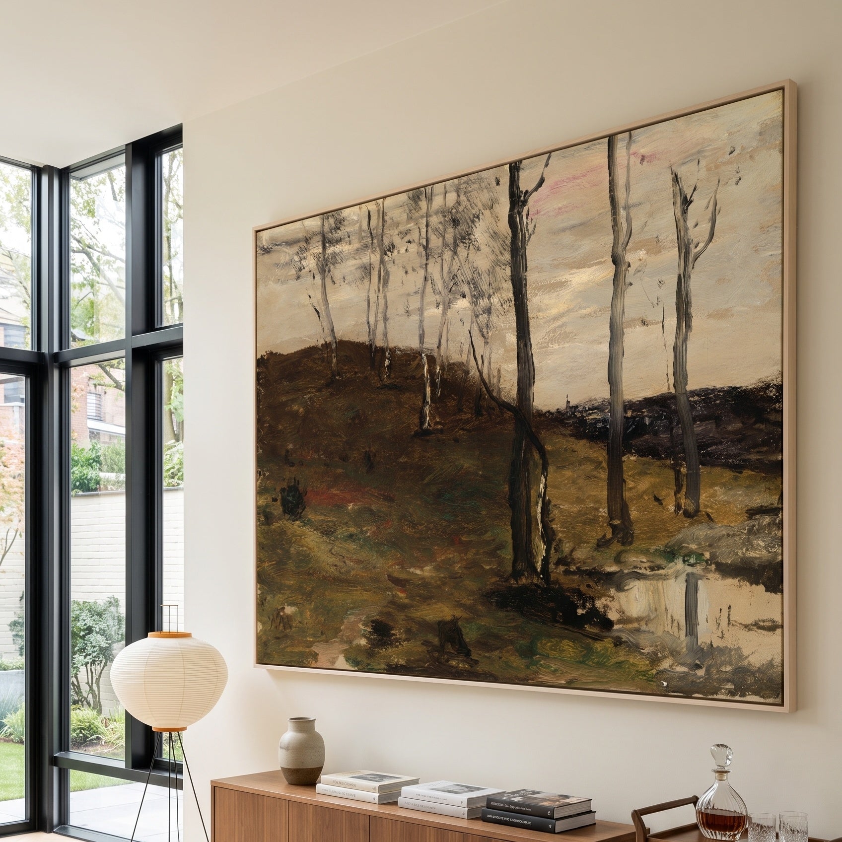 Hillside with Trees by William Morris Hunt — large brown and olive Landscape canvas art on a living room wall