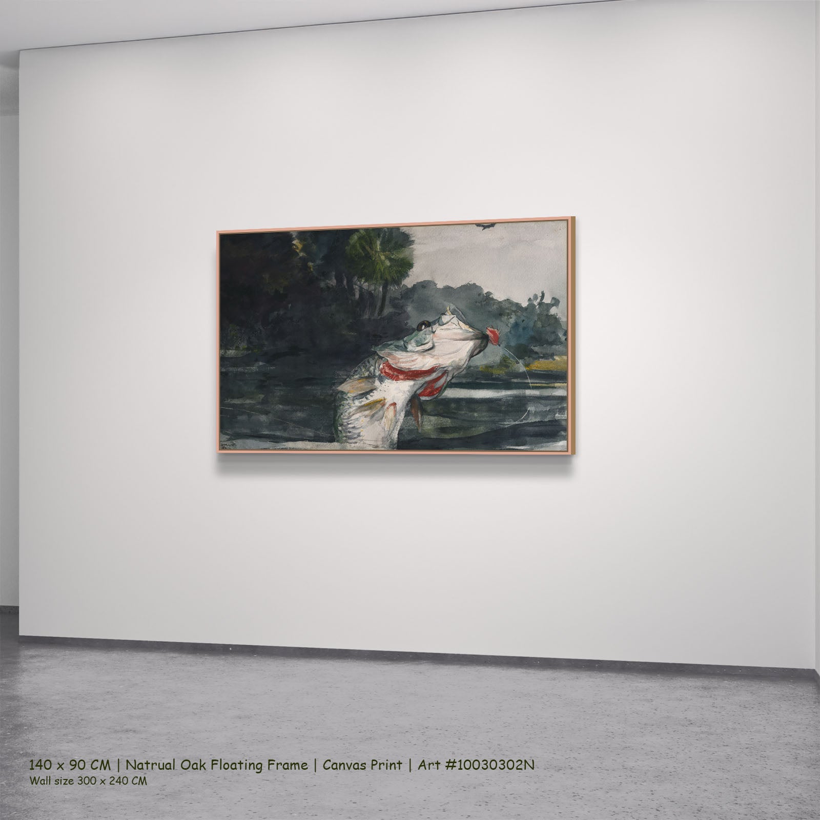 Life-Size Black Bass by Winslow Homer in a natural oak floating frame, large green and black Fish canvas