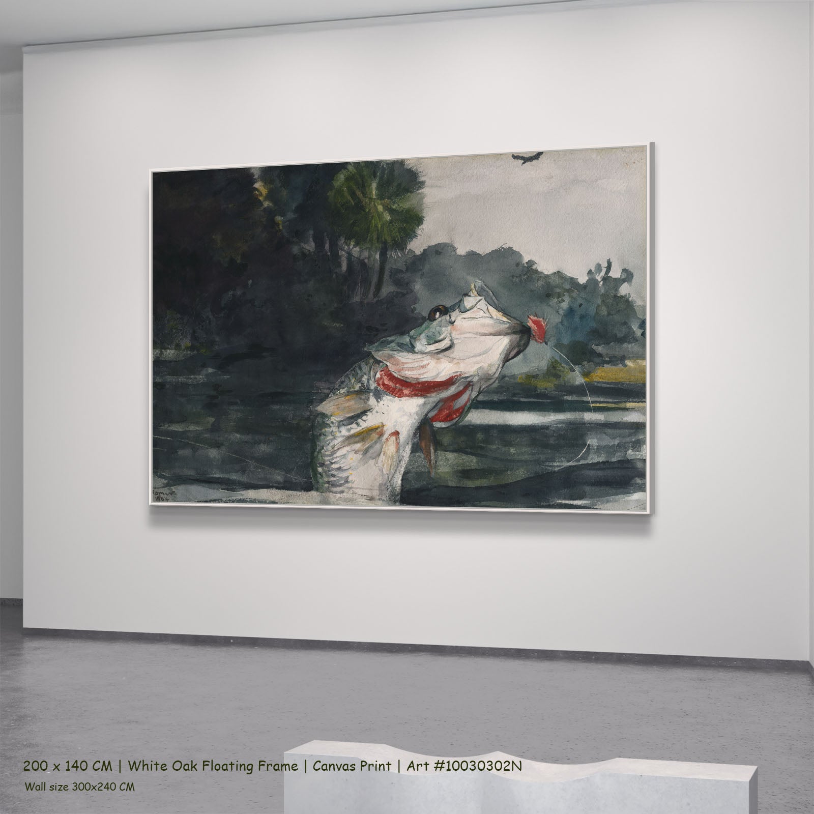 Life-Size Black Bass by Winslow Homer in a white oak floating frame, large green and black Fish canvas
