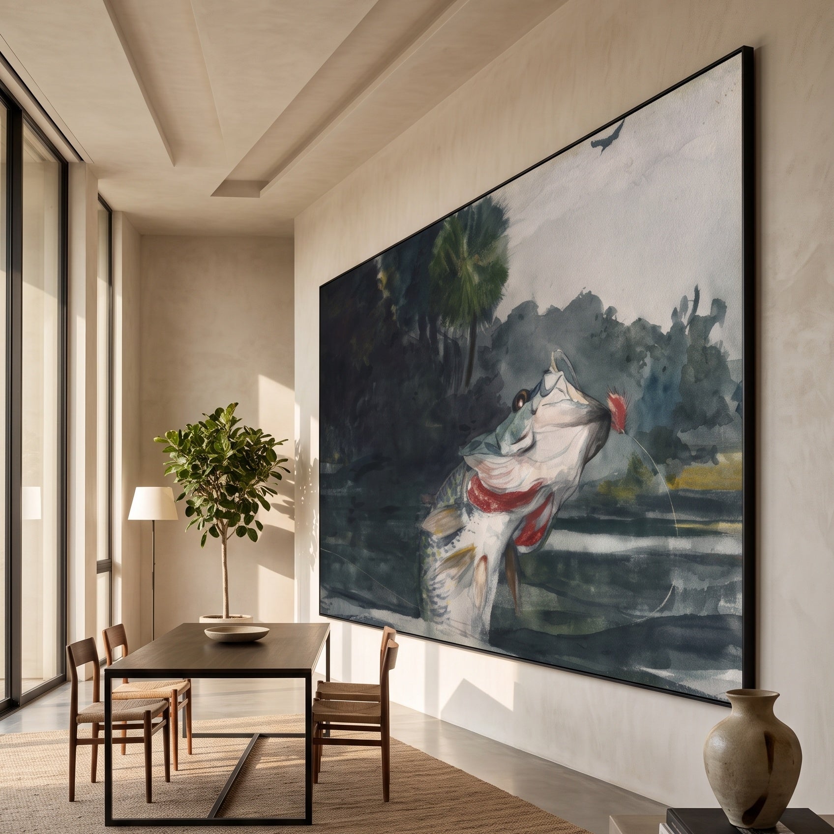 Life-Size Black Bass by Winslow Homer — large green and black Fish canvas art displayed on a wall