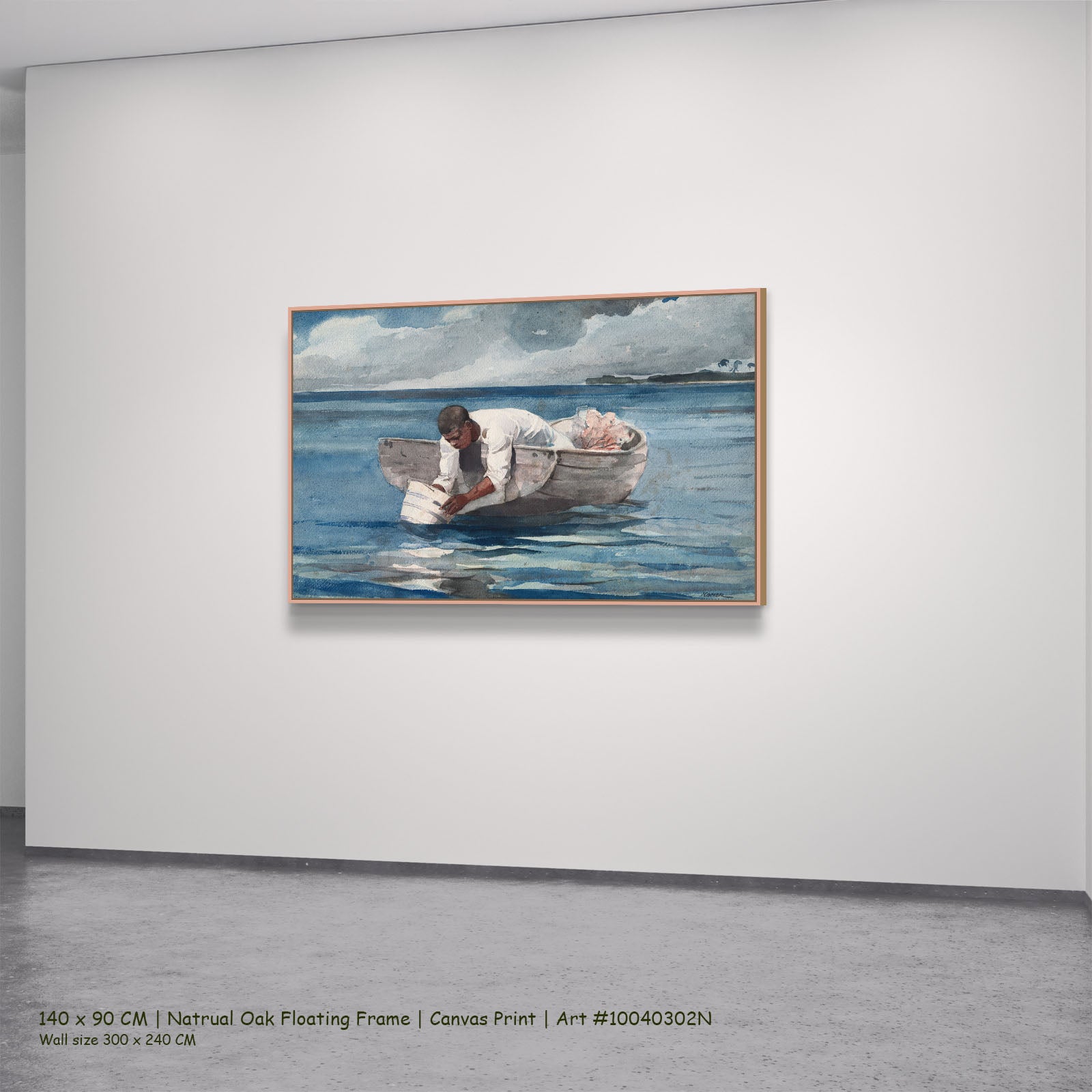 The Water Fan by Winslow Homer in a natural oak floating frame, large blue and grey Landscape canvas