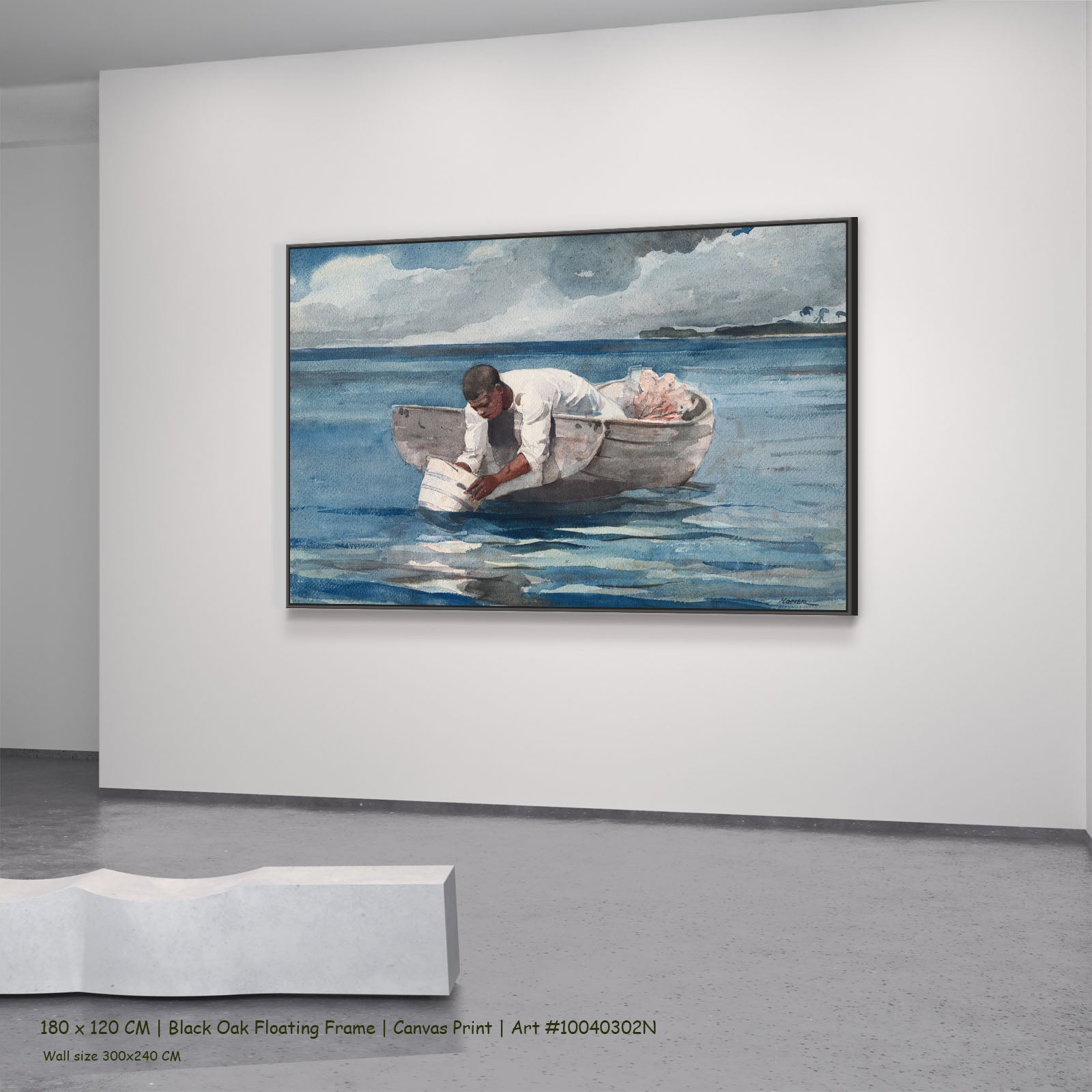 The Water Fan by Winslow Homer in a black oak floating frame, large blue and grey Landscape canvas
