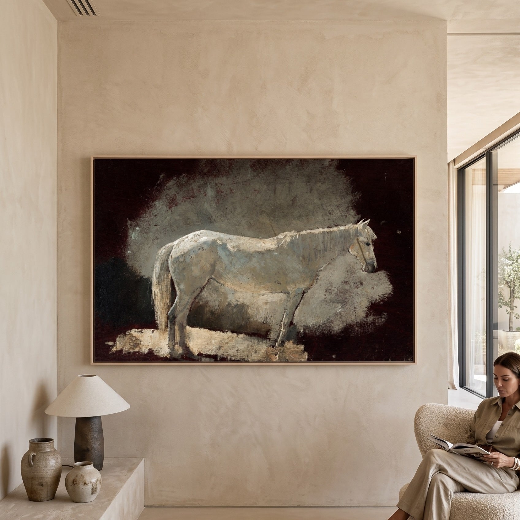 White Mare by Winslow Homer — large brown and white Horse canvas art on a living room wall