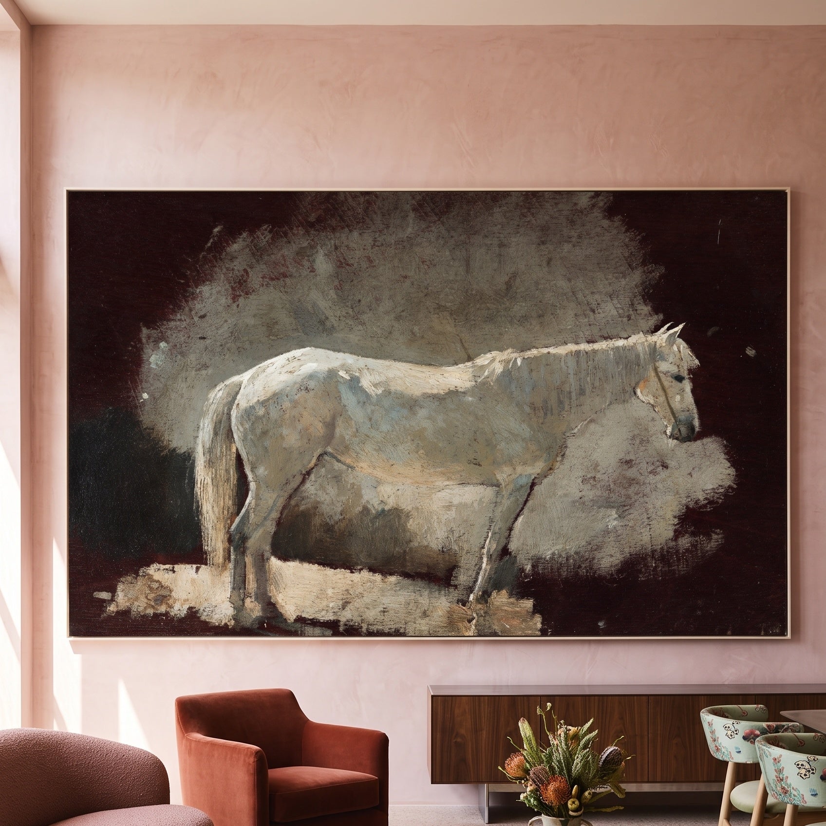 White Mare by Winslow Homer — large brown and white Horse canvas art on a living room wall