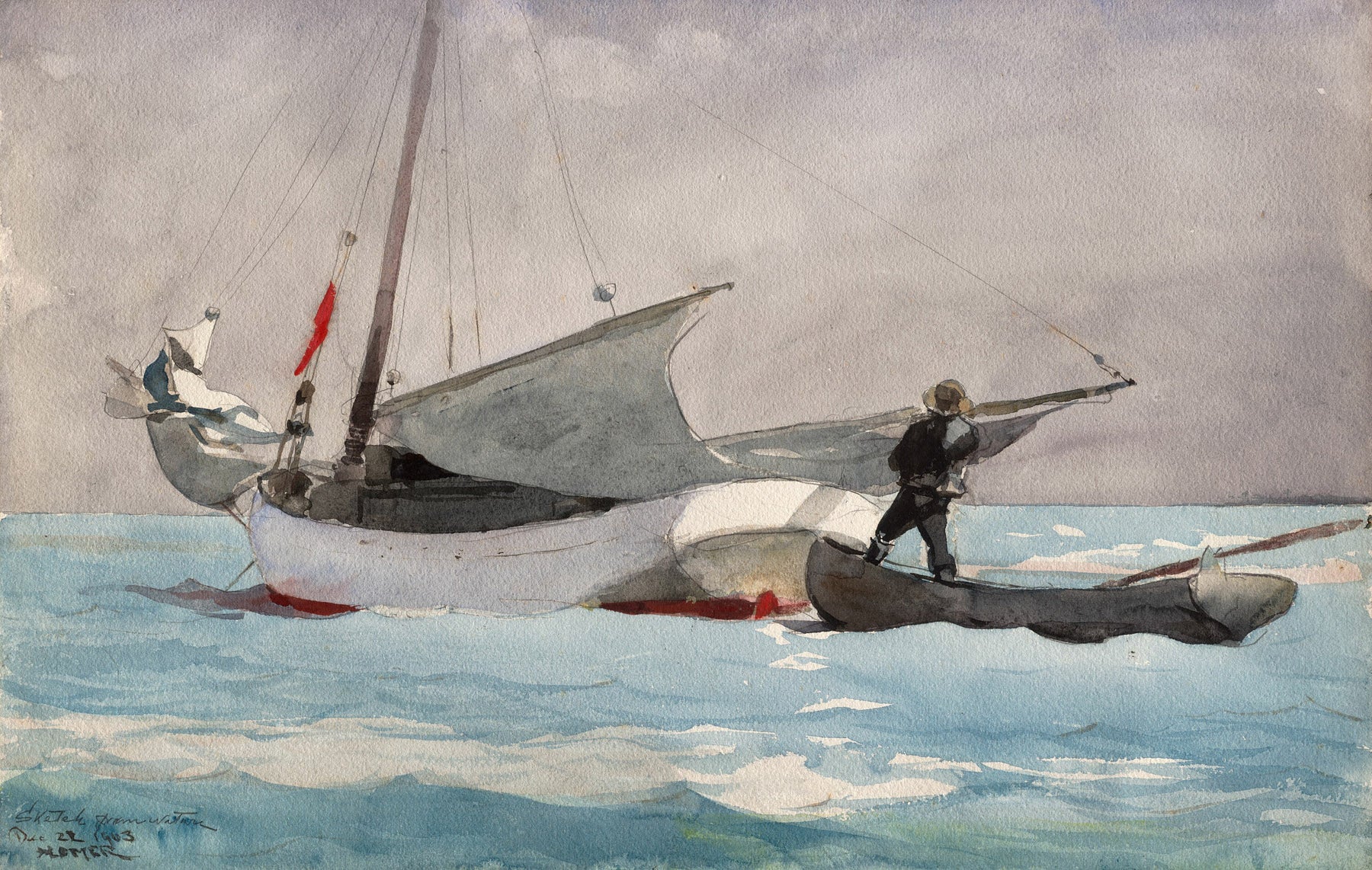 Large light blue and aqua Landscape canvas print of Stowing Sail by Winslow Homer