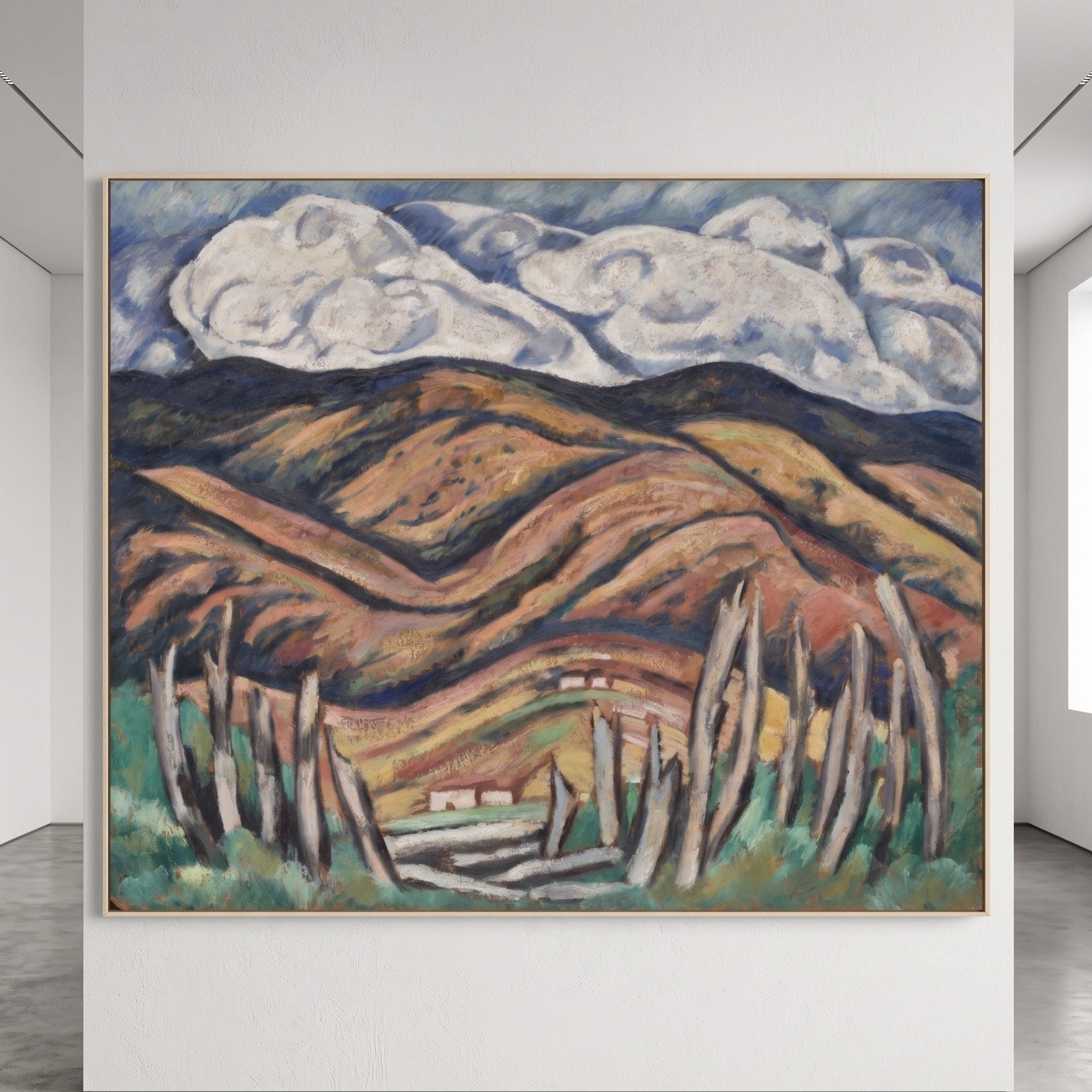 The Last of New England—The Beginning by Marsden Hartley — large brown and green Modern Abstract canvas art on a warm home wall