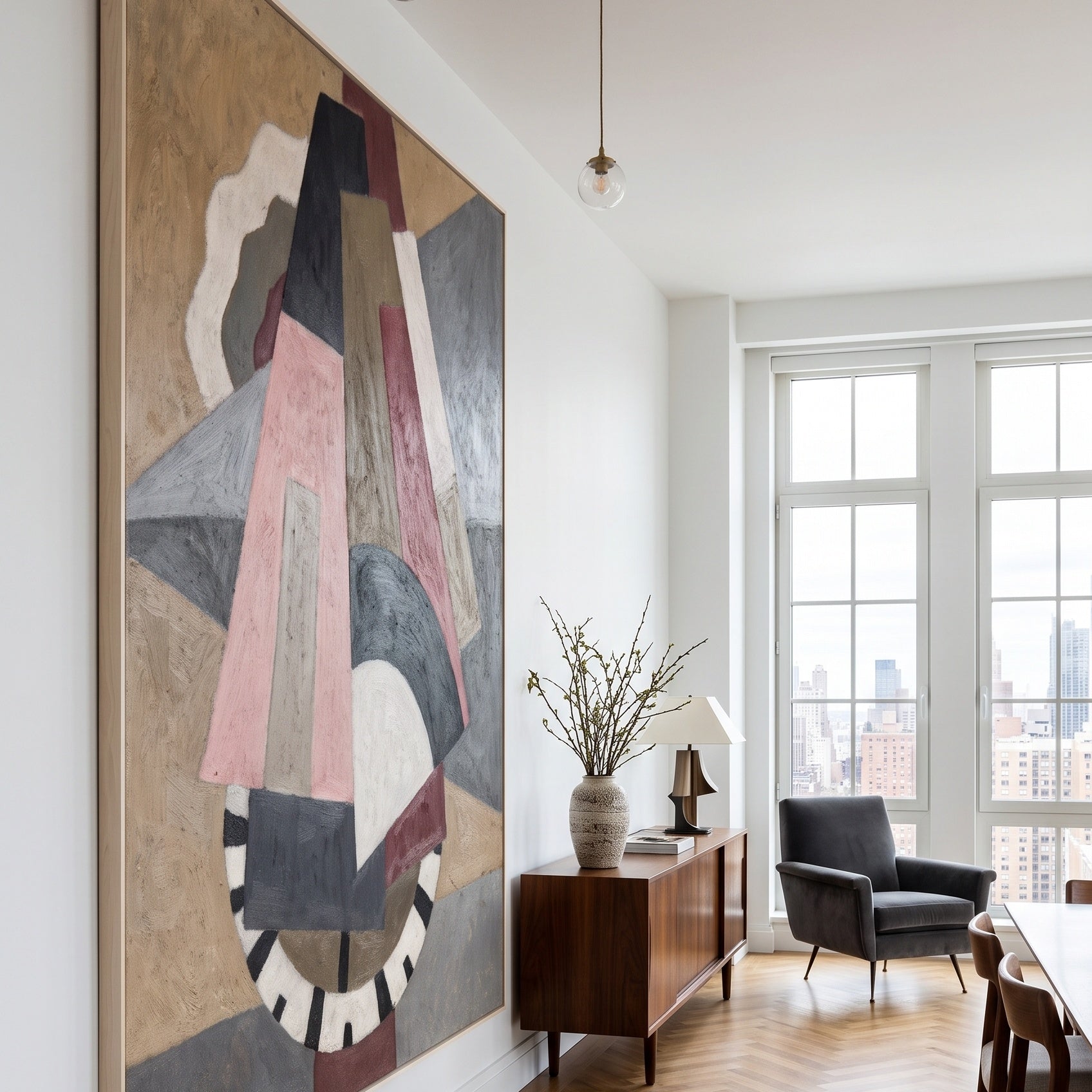 Provincetown by Marsden Hartley — large pink and grey Cubist Abstract canvas art on a hallway wall