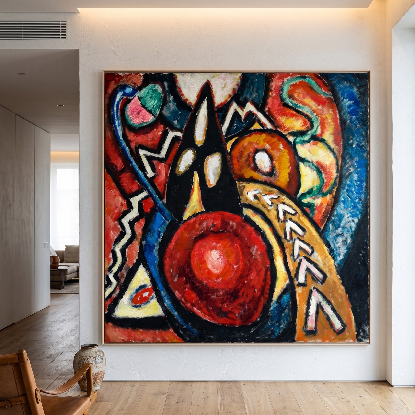 Movement by Marsden Hartley — large red and orange Expressionist Abstract canvas art on a living room wall