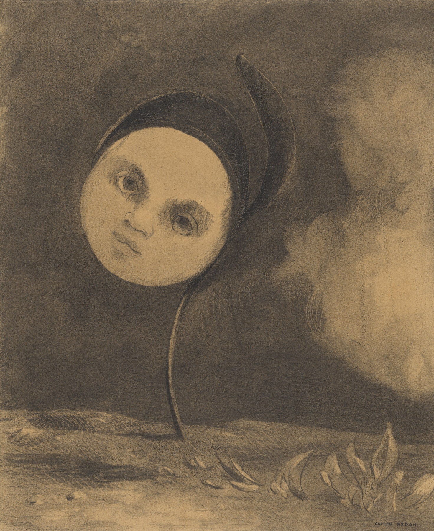 Large gold and brown Symbolist canvas print of Strange Flower by Odilon Redon