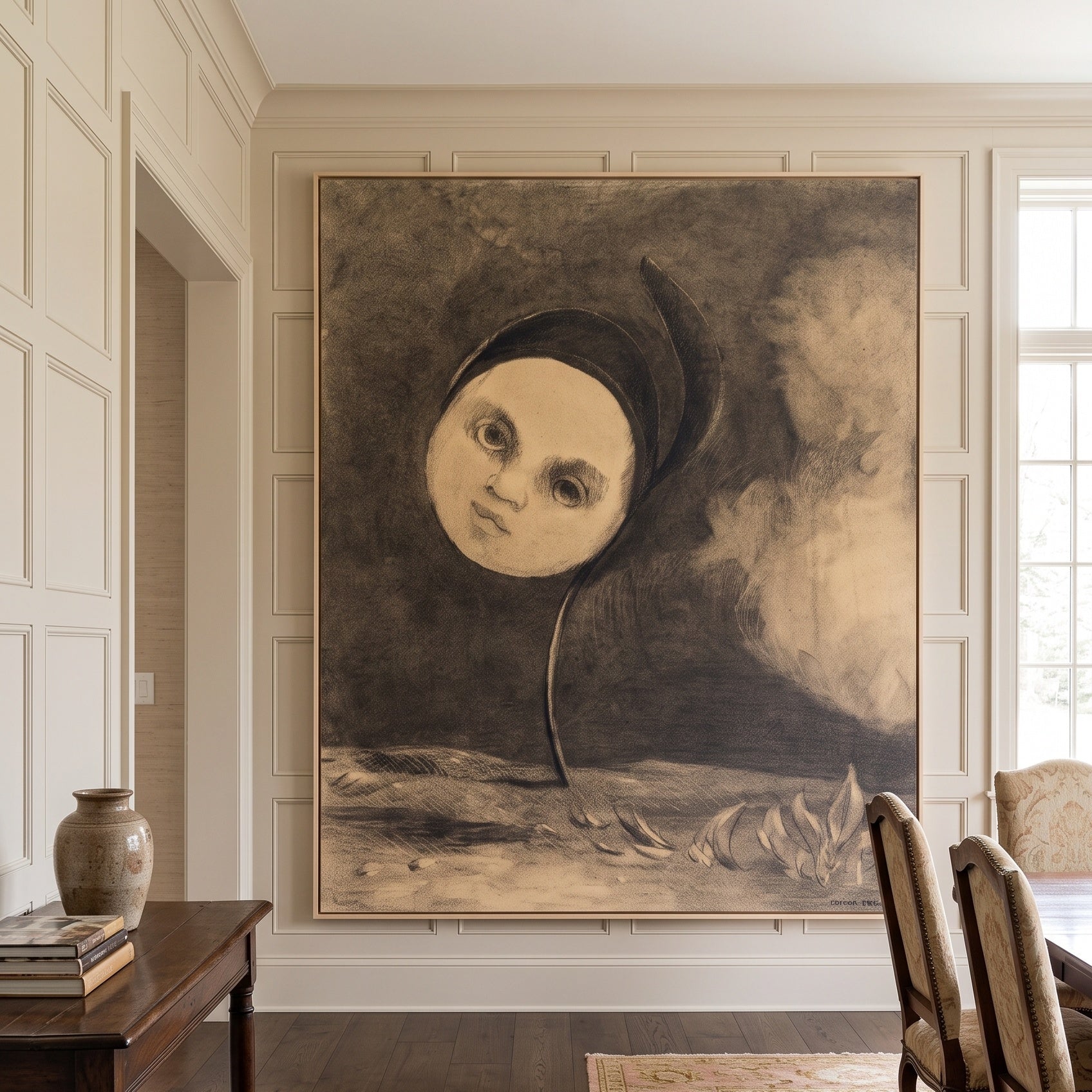 Strange Flower by Odilon Redon — large gold and brown Symbolist canvas art on a hallway wall