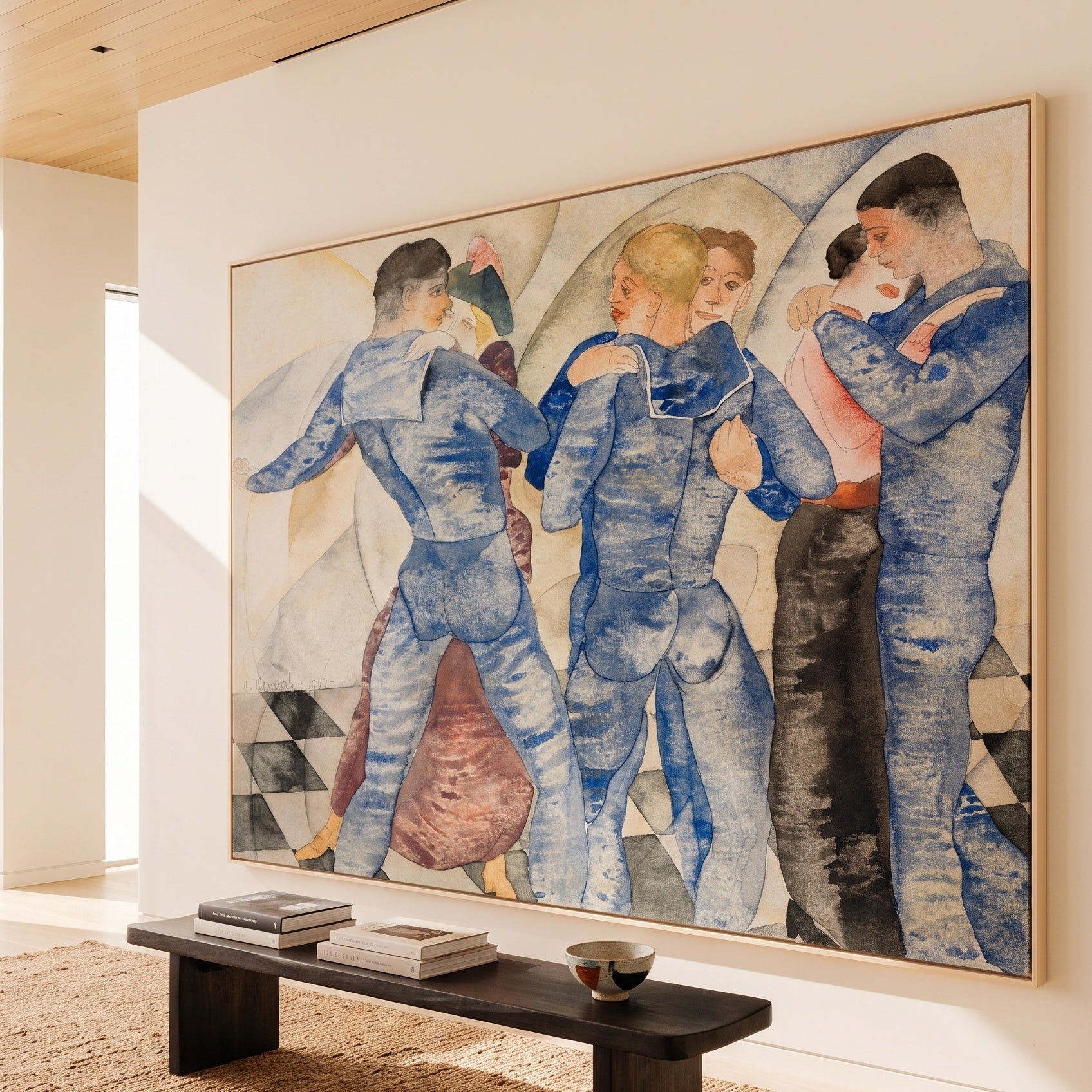 Dancing Sailors by Charles Demuth — large blue and white Modern Abstract canvas art displayed on a wall