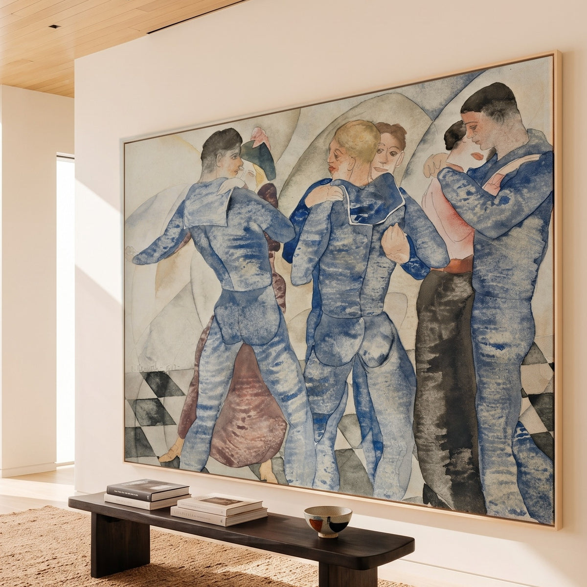 Dancing Sailors by Charles Demuth — large blue and white Modern Abstract canvas art displayed on a wall