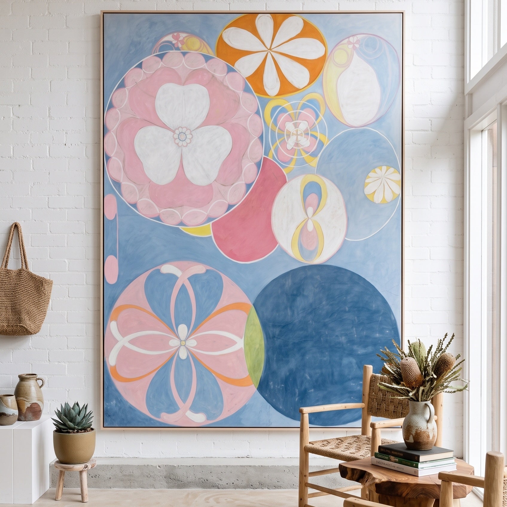 The Ten Largest, No. 2, Childhood by Hilma af Klint — large light blue and orange Abstract canvas art on a living room wall