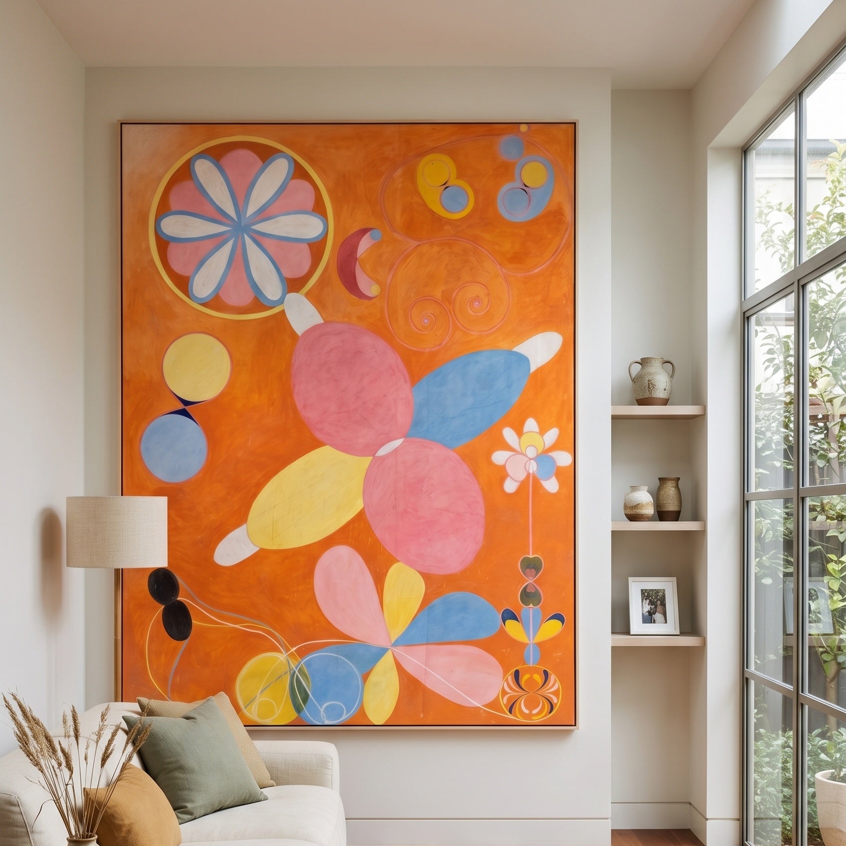 The Ten Largest, No. 4, Youth by Hilma af Klint — large orange and pink Abstract canvas art displayed on a wall