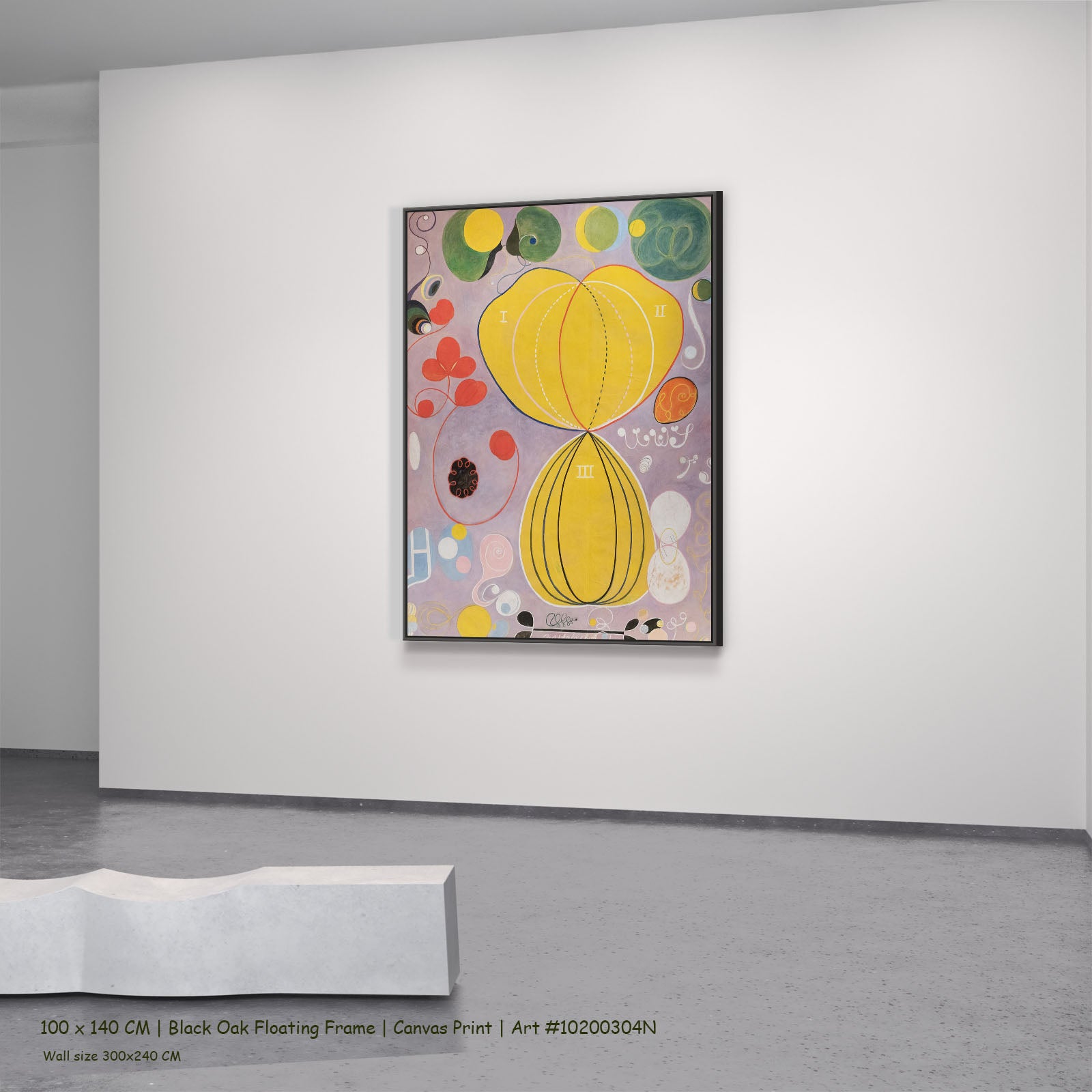 The Ten Largest, No. 7, Adulthood by Hilma af Klint in a black oak floating frame, large yellow and purple Abstract canvas