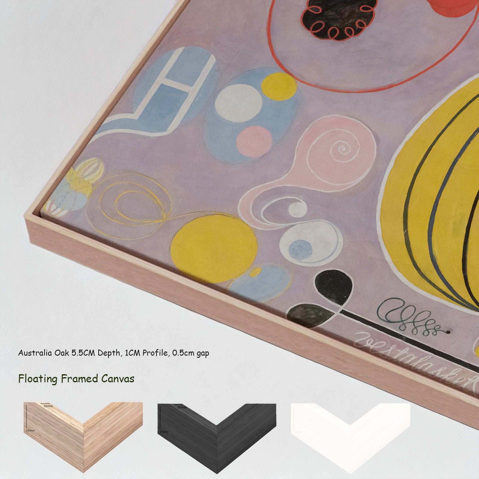 The Ten Largest, No. 7, Adulthood by Hilma af Klint in a floating frame, large yellow and purple Abstract canvas print