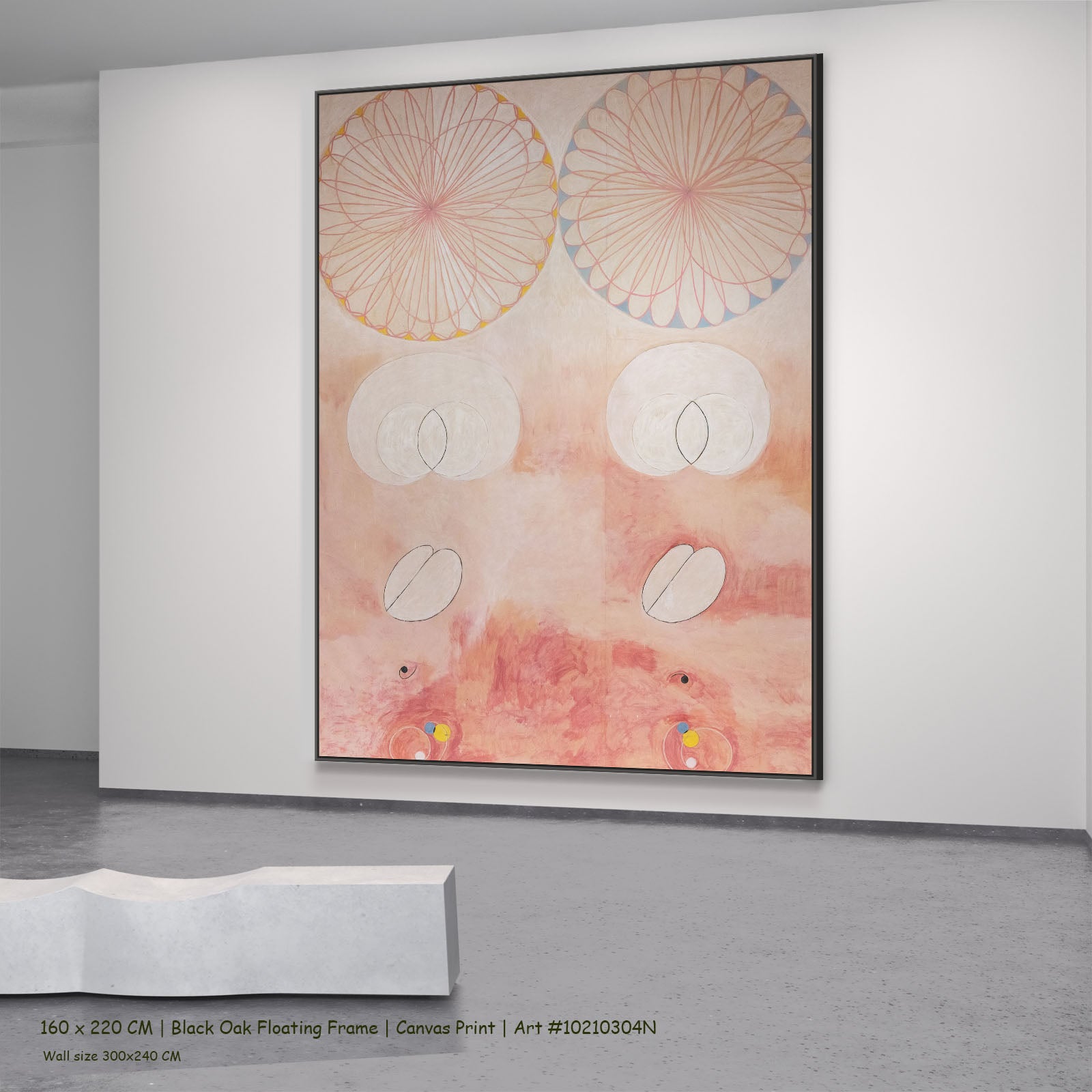 The Ten Largest, No. 9, Old by Hilma af Klint in a black oak floating frame, large pink and white Abstract canvas