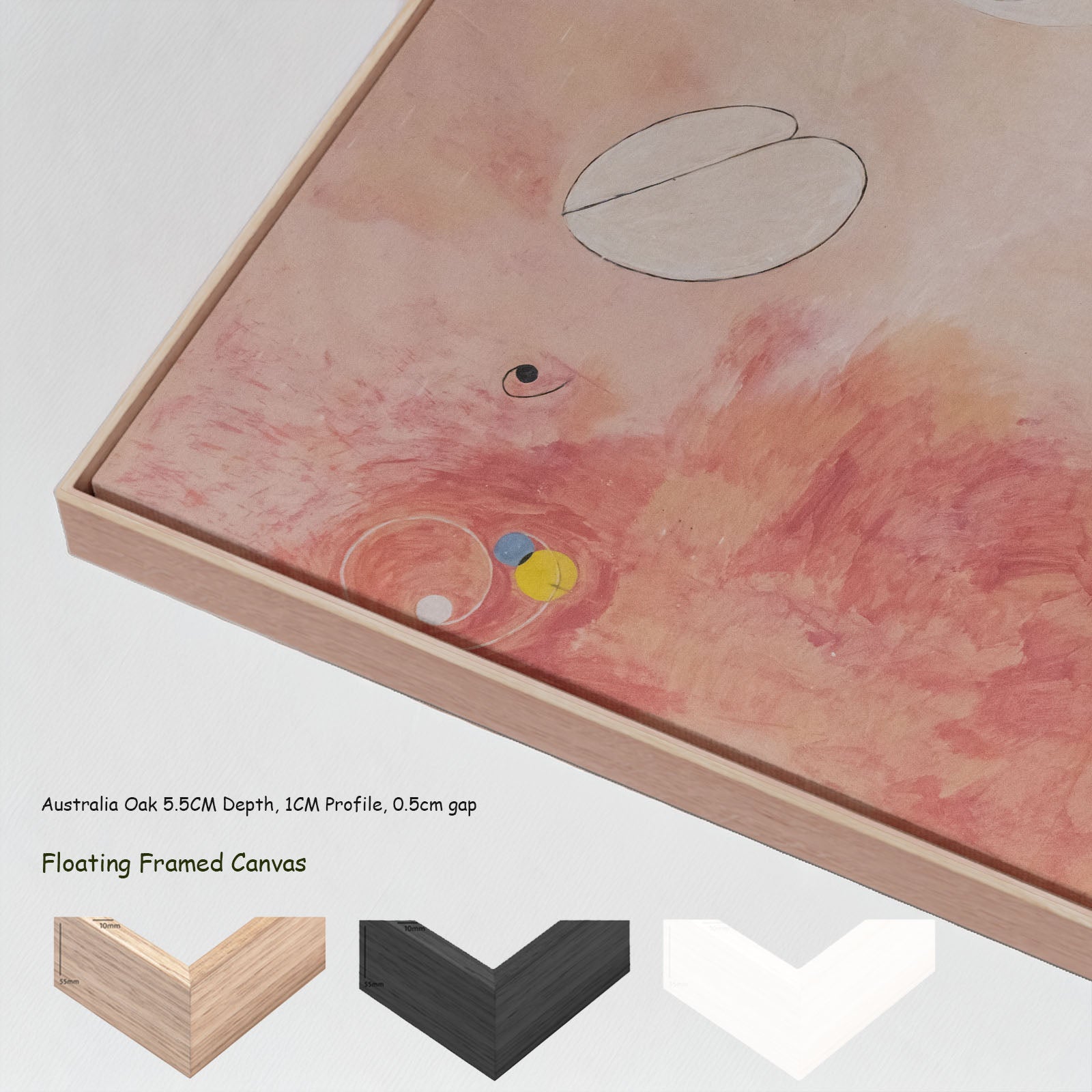 The Ten Largest, No. 9, Old by Hilma af Klint in a floating frame, large pink and white Abstract canvas print