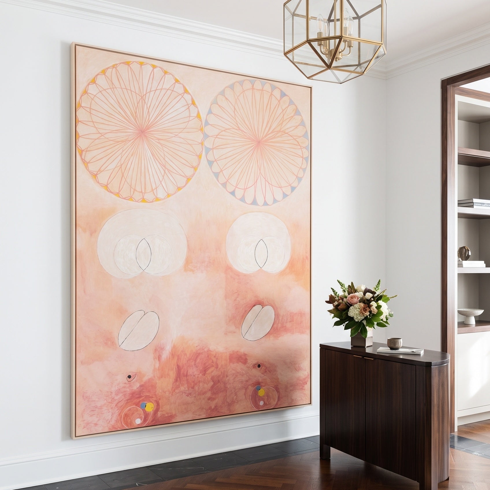 The Ten Largest, No. 9, Old by Hilma af Klint — large pink and white Abstract canvas art on a hallway wall