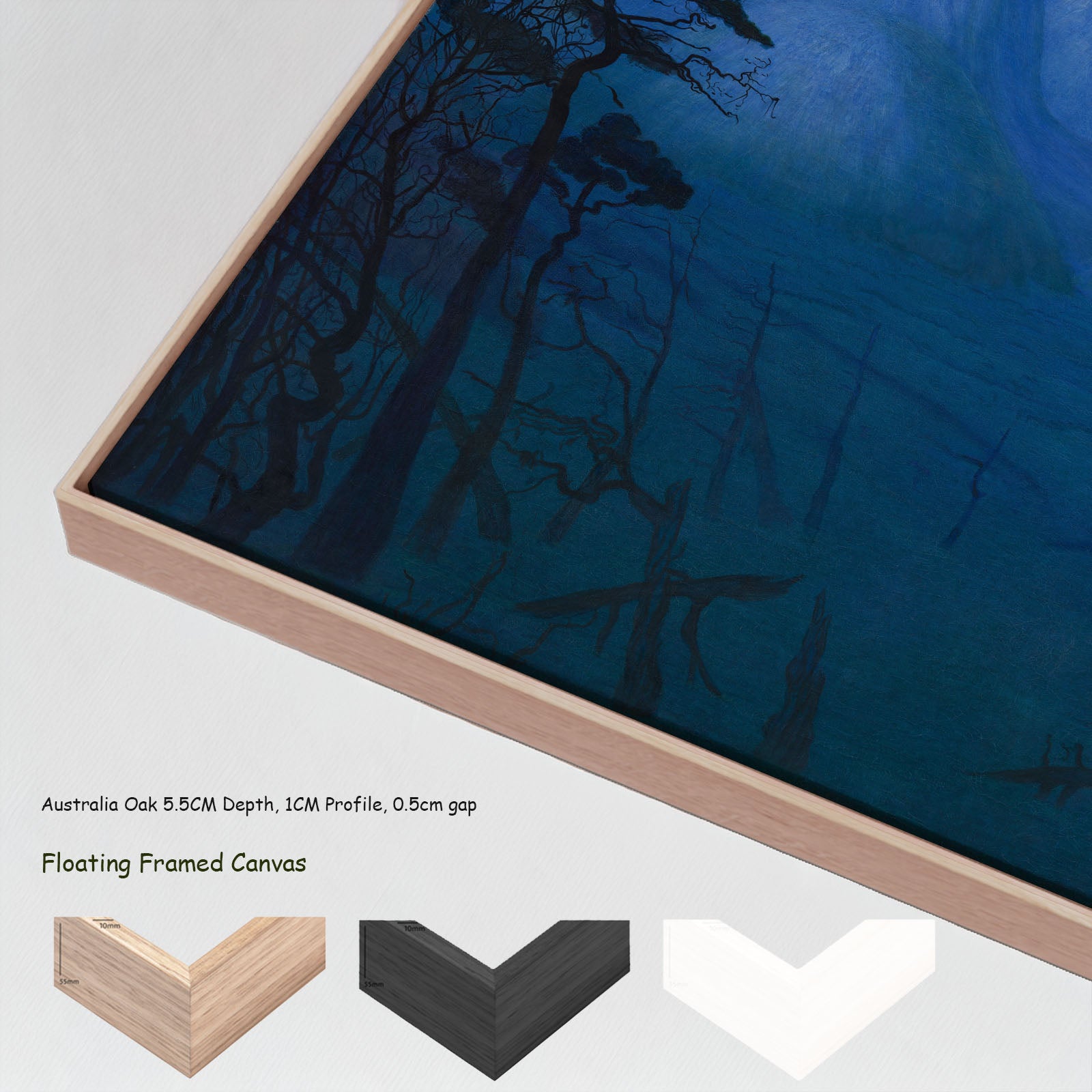 Winter Night in the Mountains by Harald Sohlberg in a floating frame, large blue and light blue Landscape canvas print