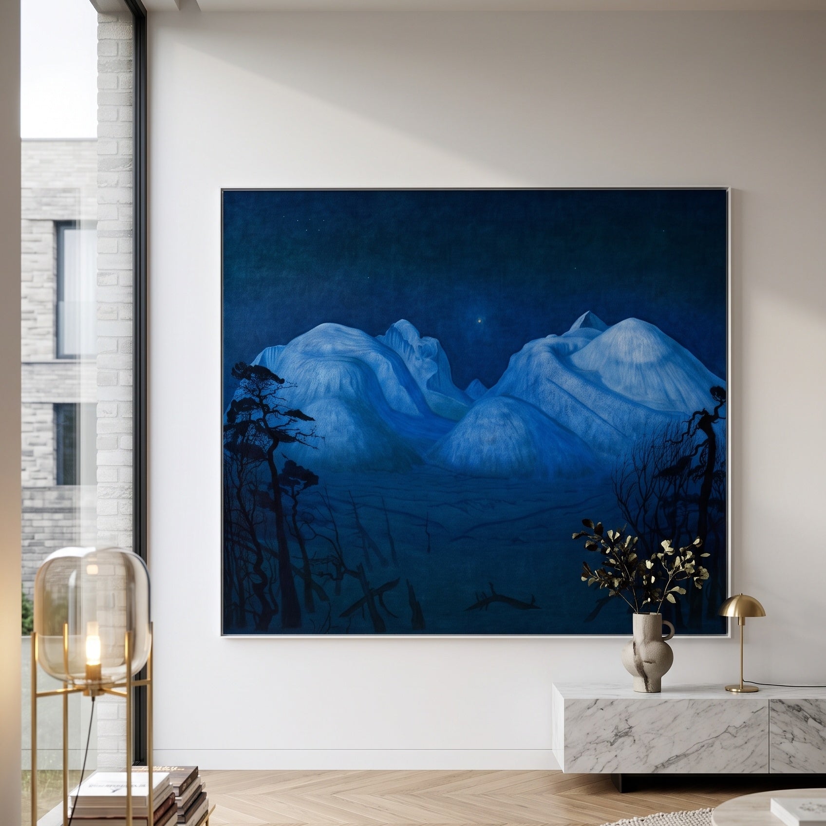 Winter Night in the Mountains by Harald Sohlberg — large blue and light blue Landscape canvas art on a living room wall