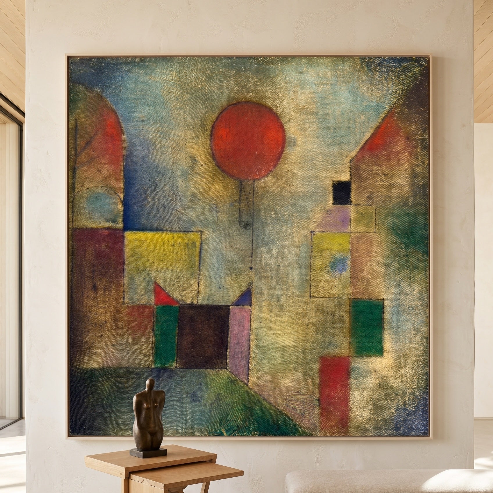 Red Balloon by Paul Klee — large olive and grey Expressionist Abstract canvas art displayed on a wall