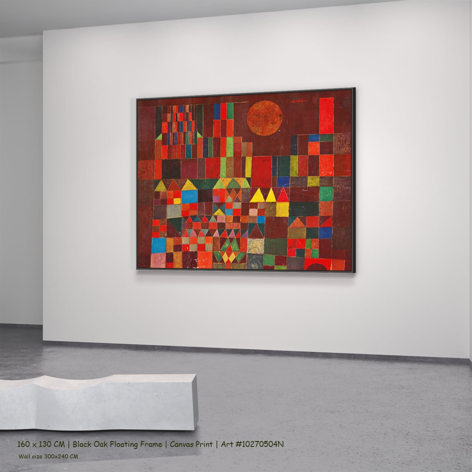 Castle and Sun by Paul Klee in a black oak floating frame, large red and brown Geometric Abstract canvas