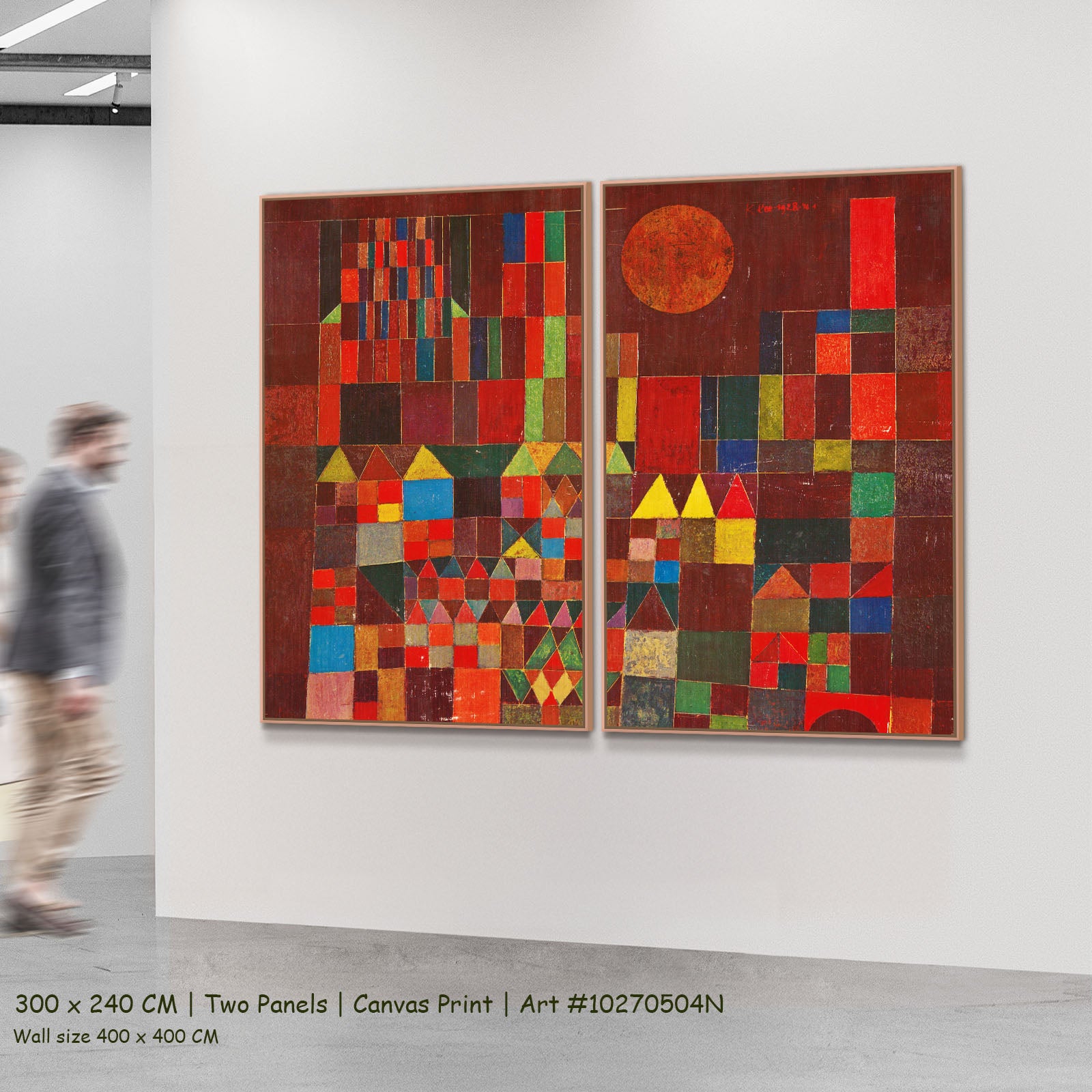 Castle and Sun by Paul Klee as a large two-panel red and brown Geometric Abstract canvas set