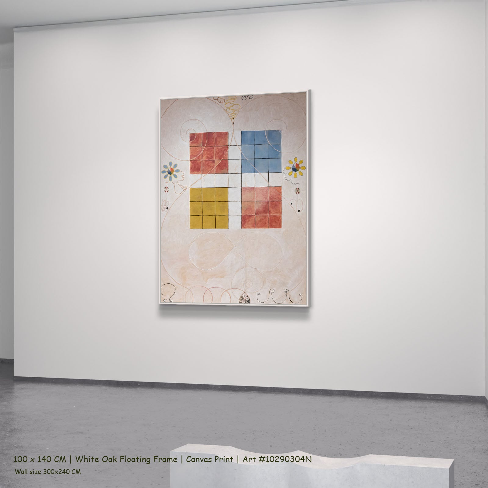 The Ten Largest, No. 10, Old by Hilma af Klint in a white oak floating frame, large red and gold Geometric Abstract canvas
