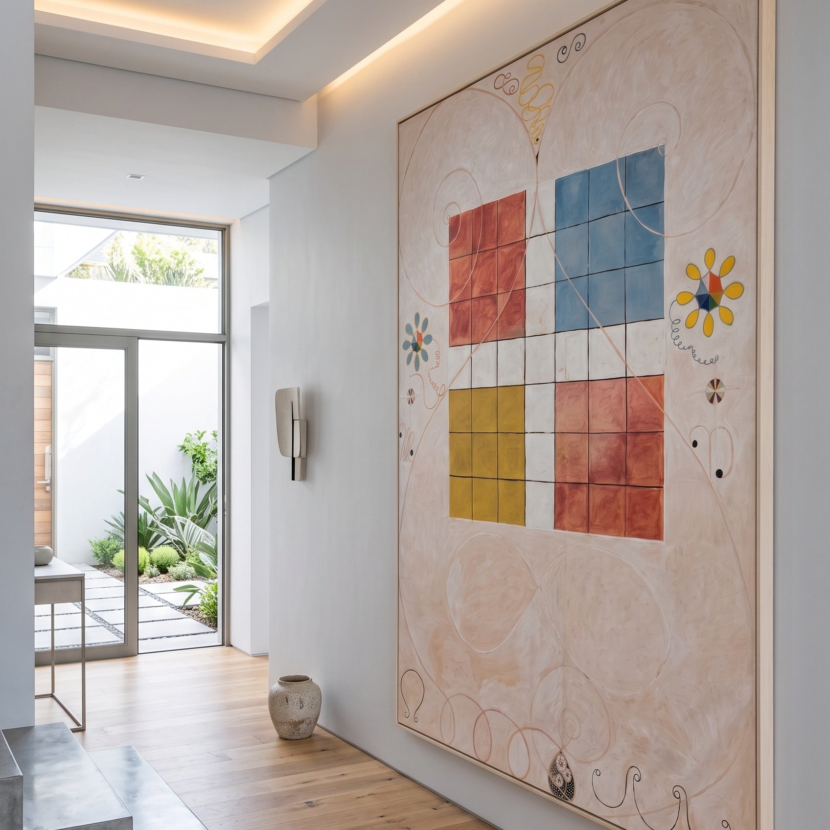 The Ten Largest, No. 10, Old by Hilma af Klint — large red and gold Geometric Abstract canvas art on a living room wall