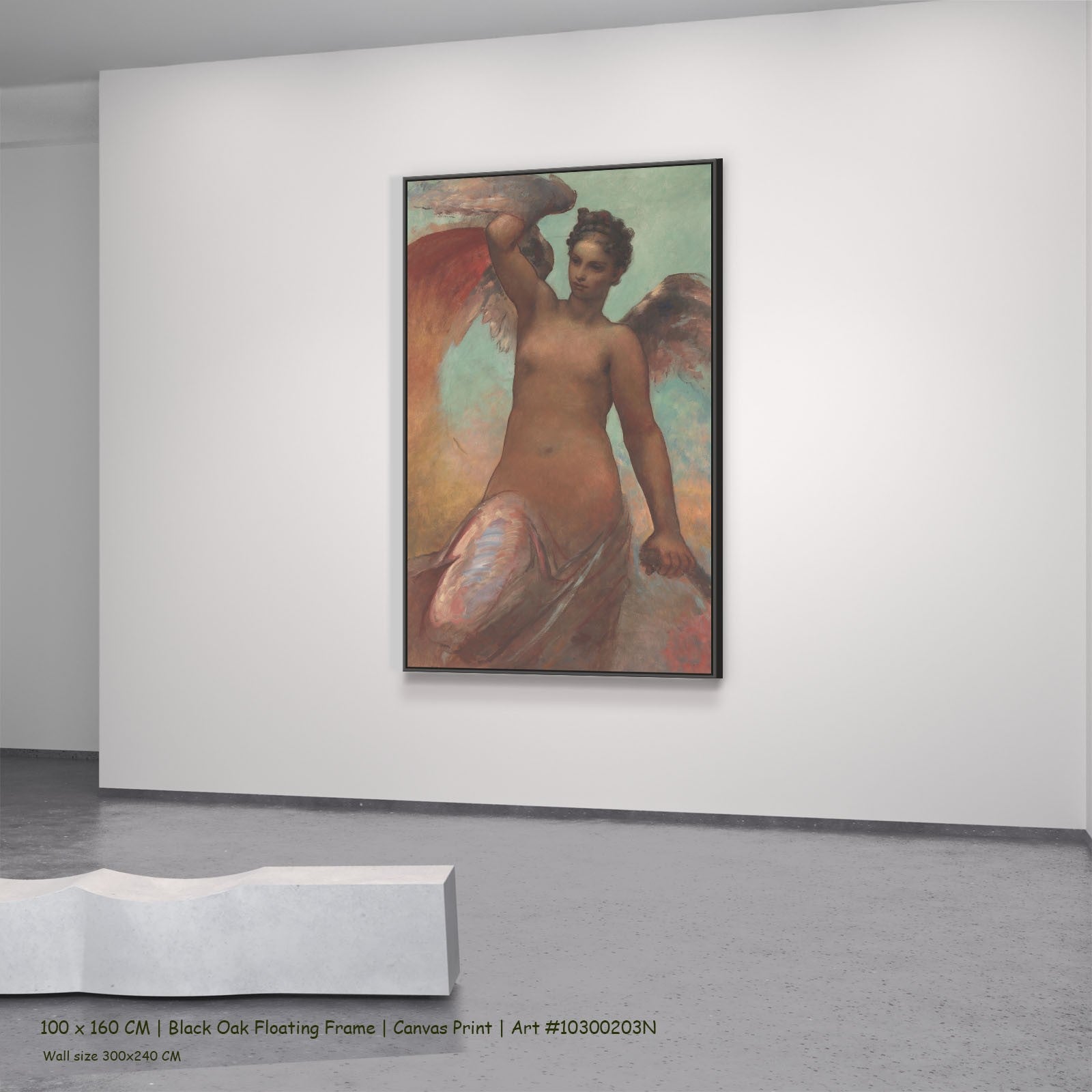 Winged Fortune by William Morris in a black oak floating frame, large brown and aqua Symbolist canvas