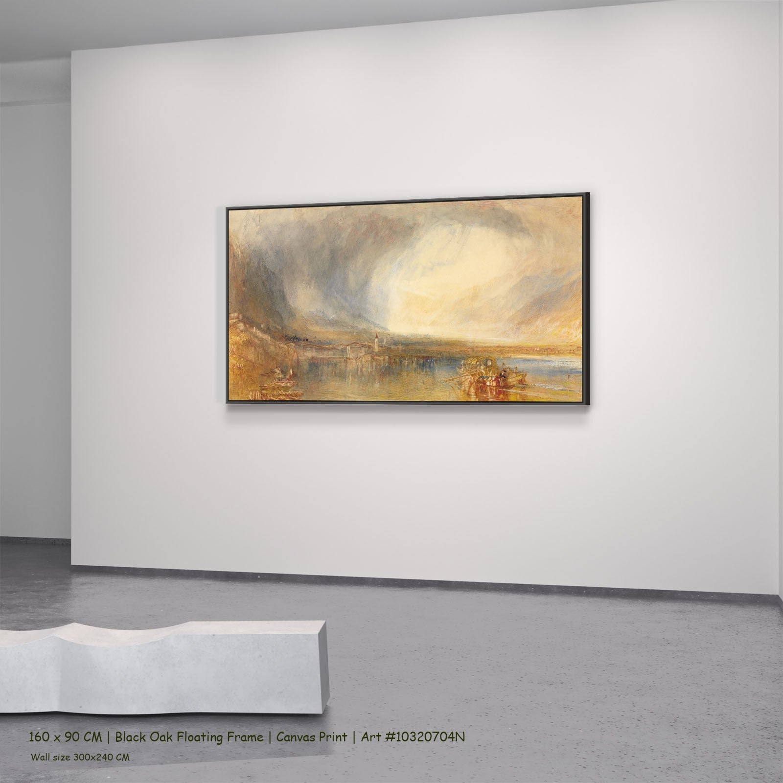 Flüelen, from the Lake of Lucerne by J.M.W. Turner in a black oak floating frame, large gold and grey Landscape canvas