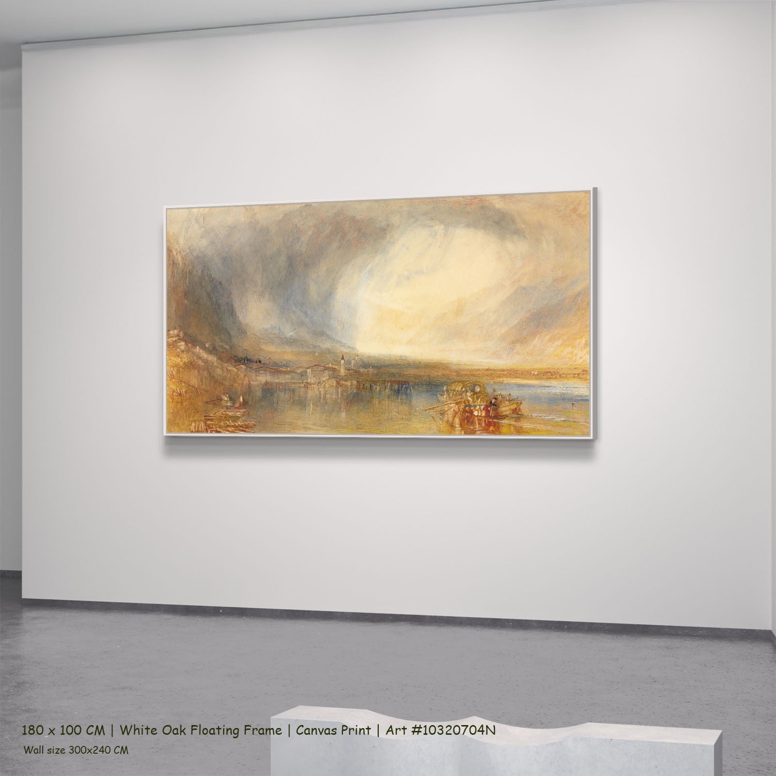 Flüelen, from the Lake of Lucerne by J.M.W. Turner in a white oak floating frame, large gold and grey Landscape canvas