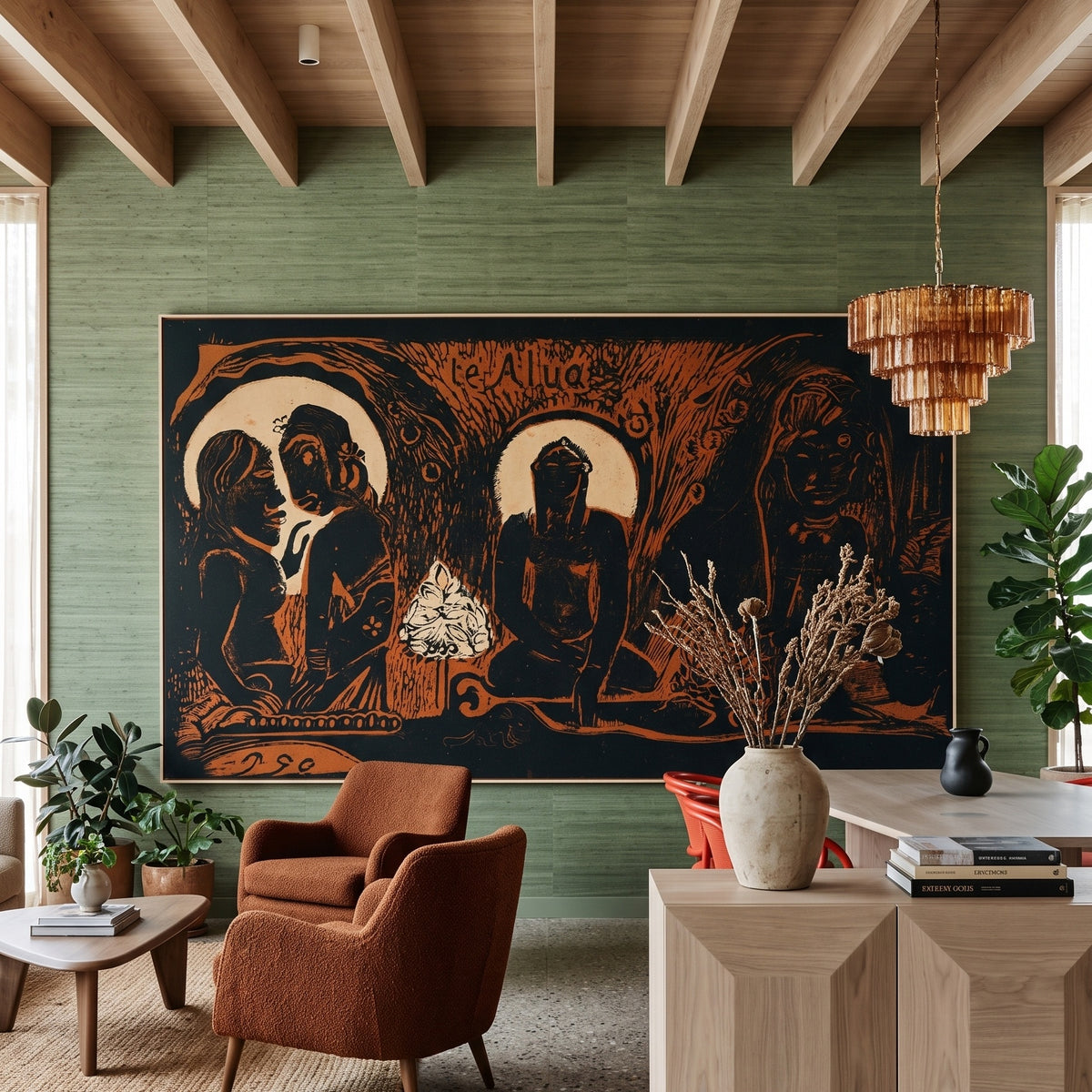 Te atua, from the Noa Noa by Paul Gauguin — large brown and orange Symbolist canvas art displayed on a wall