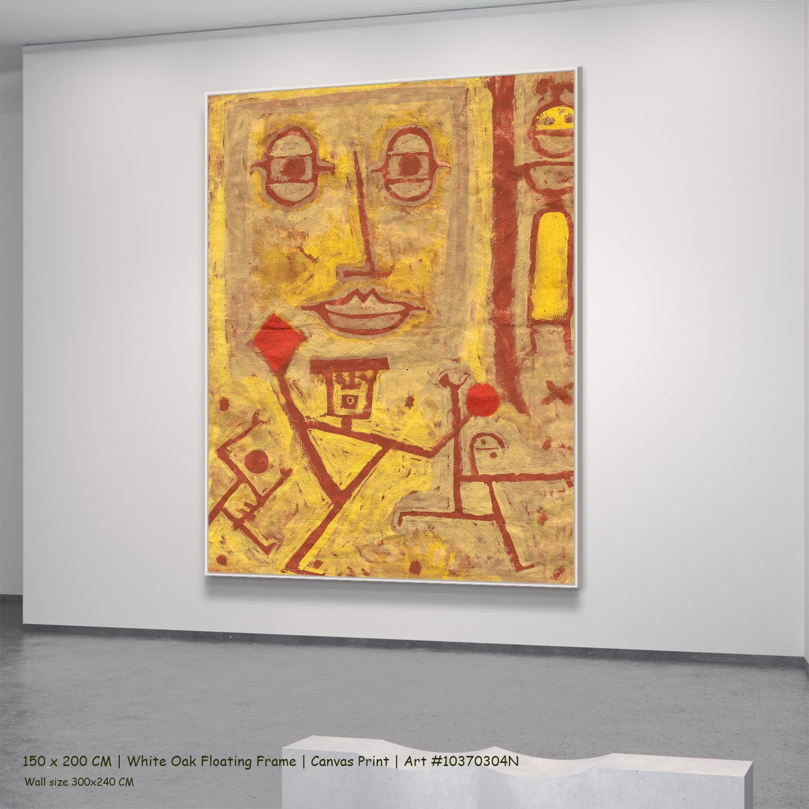 God of War by Paul Klee in a white oak floating frame, large yellow and red Abstract canvas