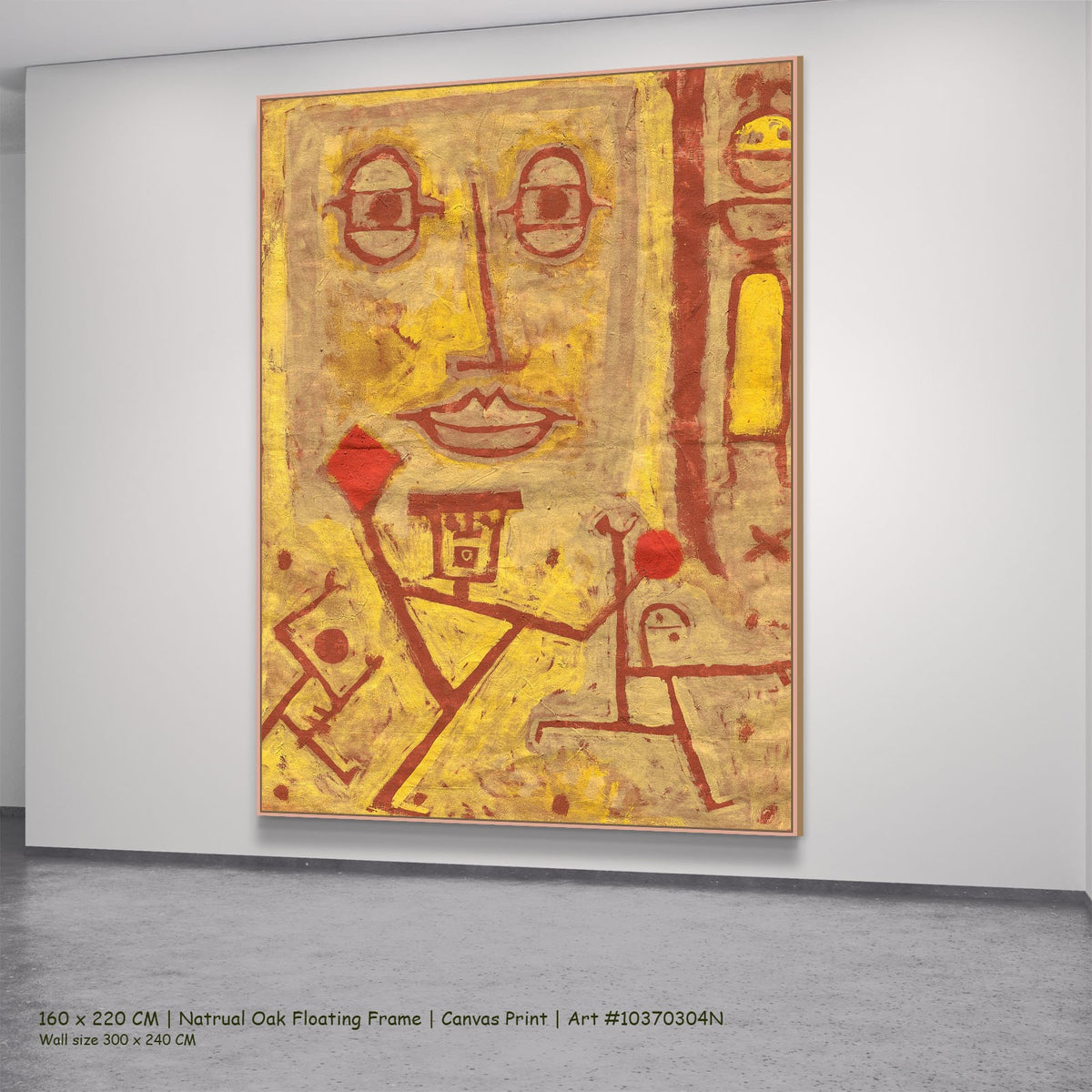 God of War by Paul Klee in a natural oak floating frame, large yellow and red Abstract canvas