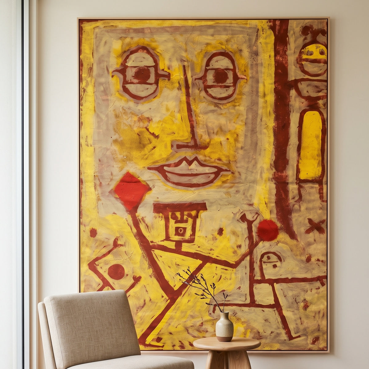 God of War by Paul Klee — large yellow and red Abstract canvas art displayed on a wall