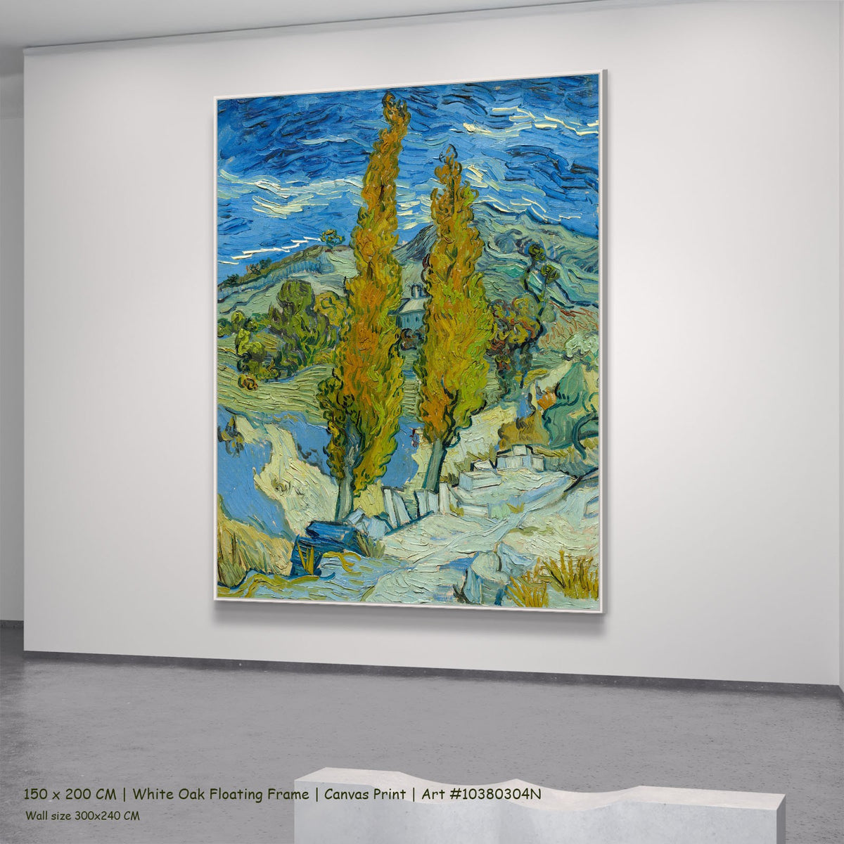 Two Poplars in the Alpilles near by Vincent van Gogh in a white oak floating frame, large blue and yellow Impressionist canva