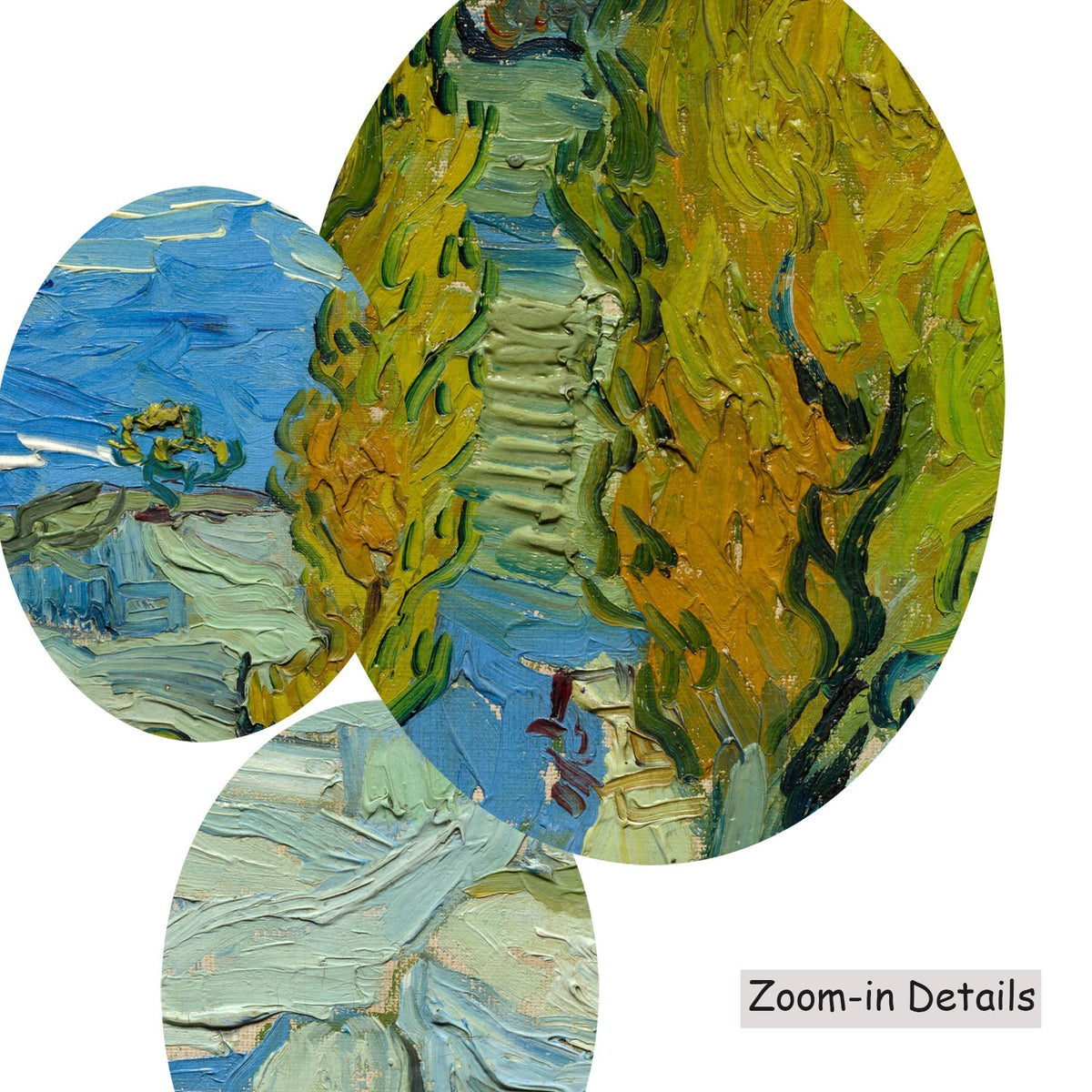 Close-up detail of the brushwork on Two Poplars in the Alpilles near, a large blue and yellow Impressionist canvas by Vincent