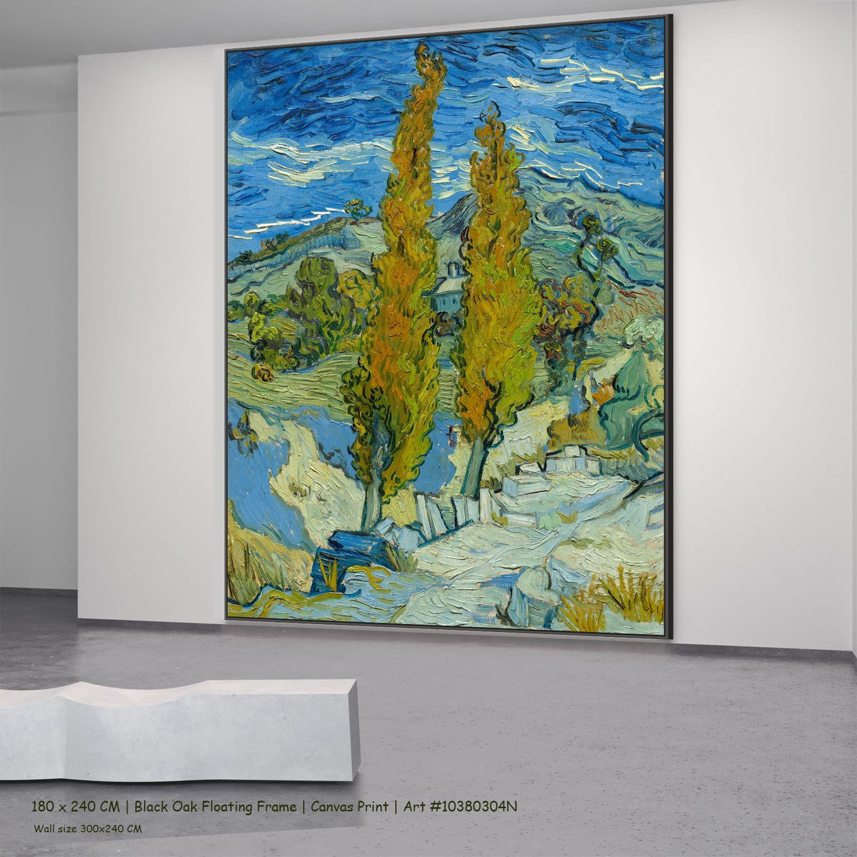 Two Poplars in the Alpilles near by Vincent van Gogh in a black oak floating frame, large blue and yellow Impressionist canva