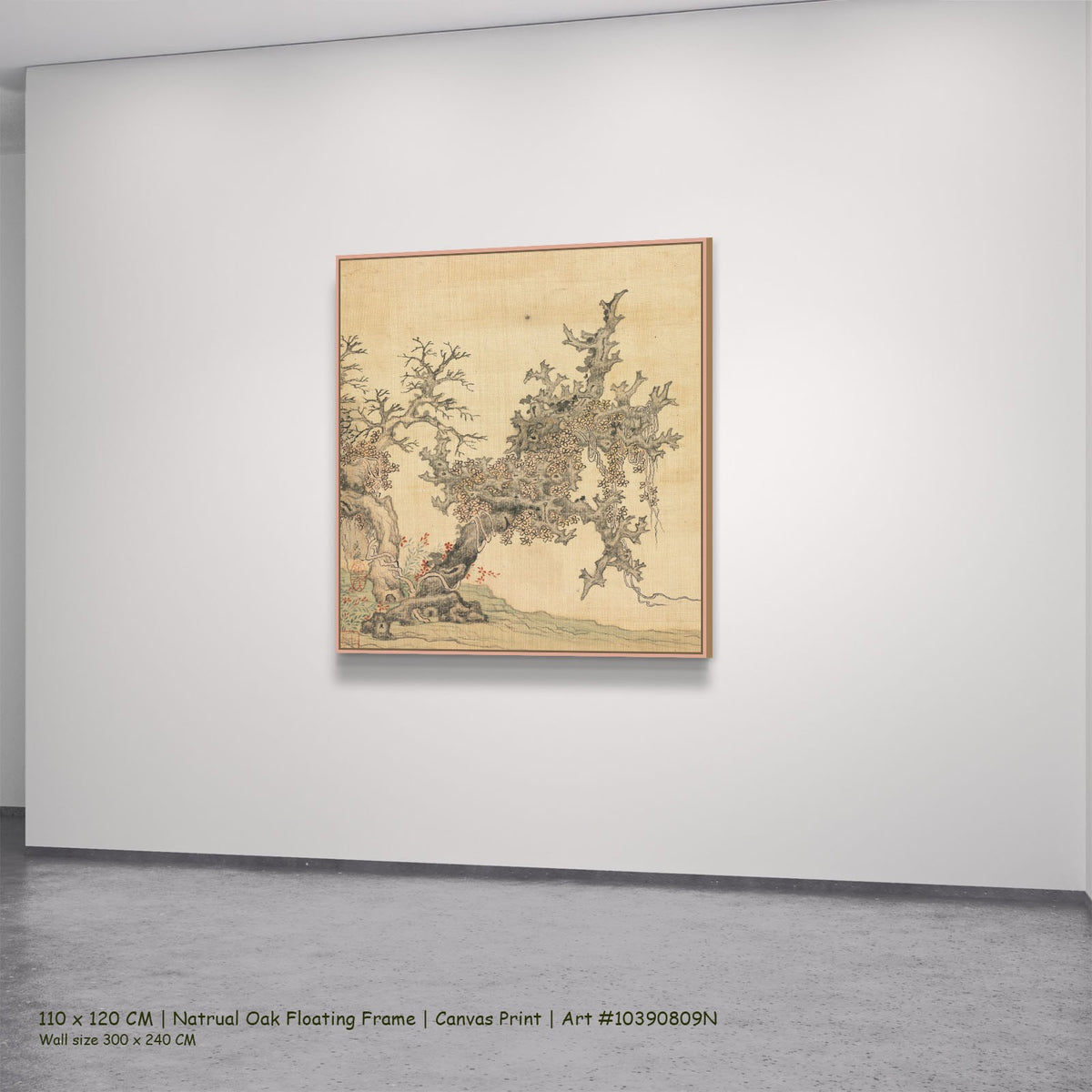 An Ancient Tree by Chen Hongshou in a natural oak floating frame, large gold and grey Landscape canvas