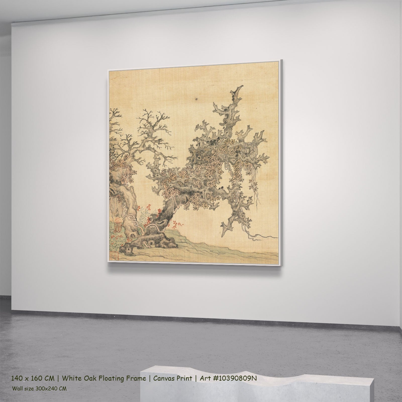 An Ancient Tree by Chen Hongshou in a white oak floating frame, large gold and grey Landscape canvas