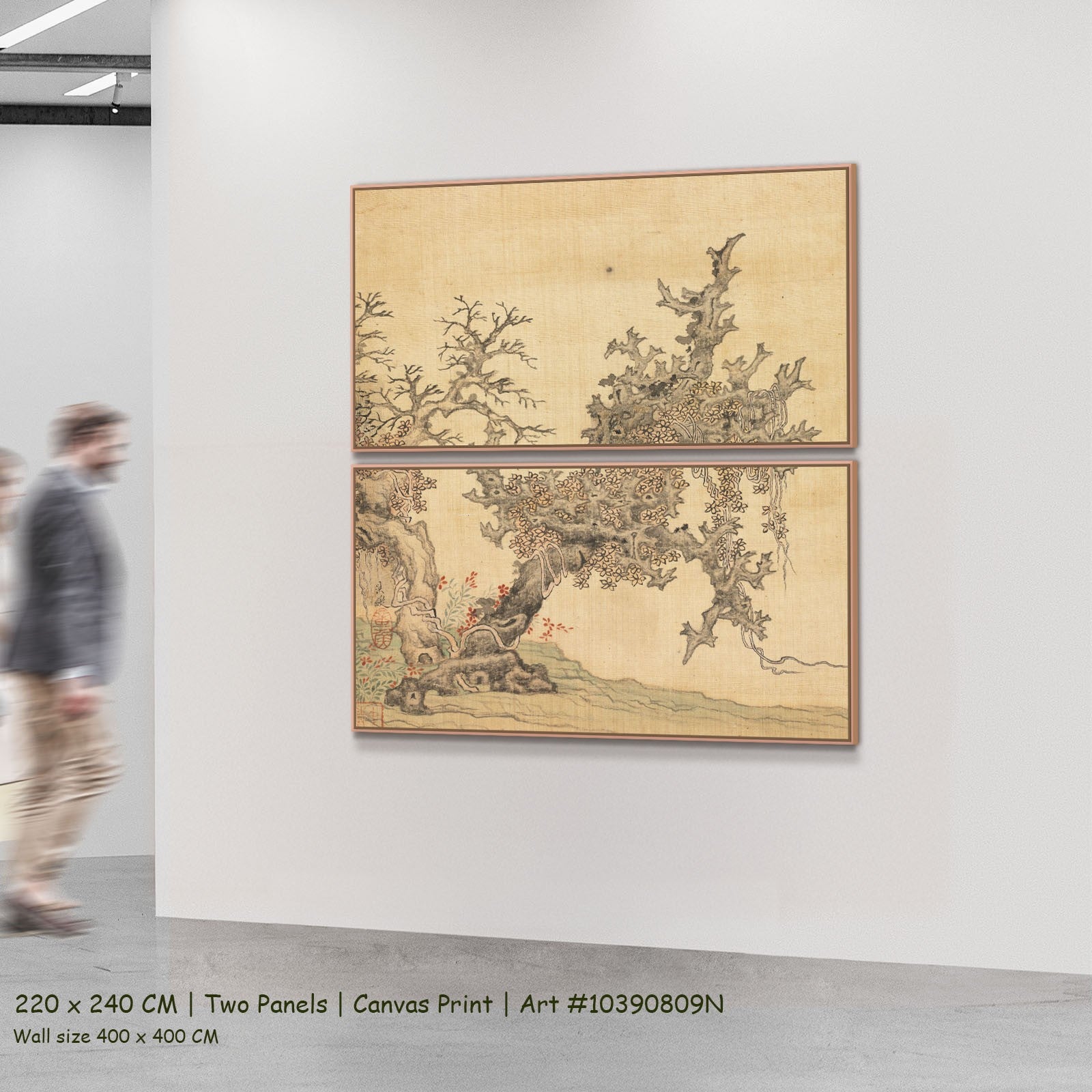 An Ancient Tree by Chen Hongshou as a large two-panel gold and grey Landscape canvas set