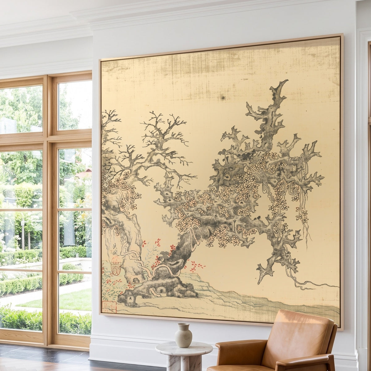 An Ancient Tree by Chen Hongshou — large gold and grey Landscape canvas art on a hallway wall